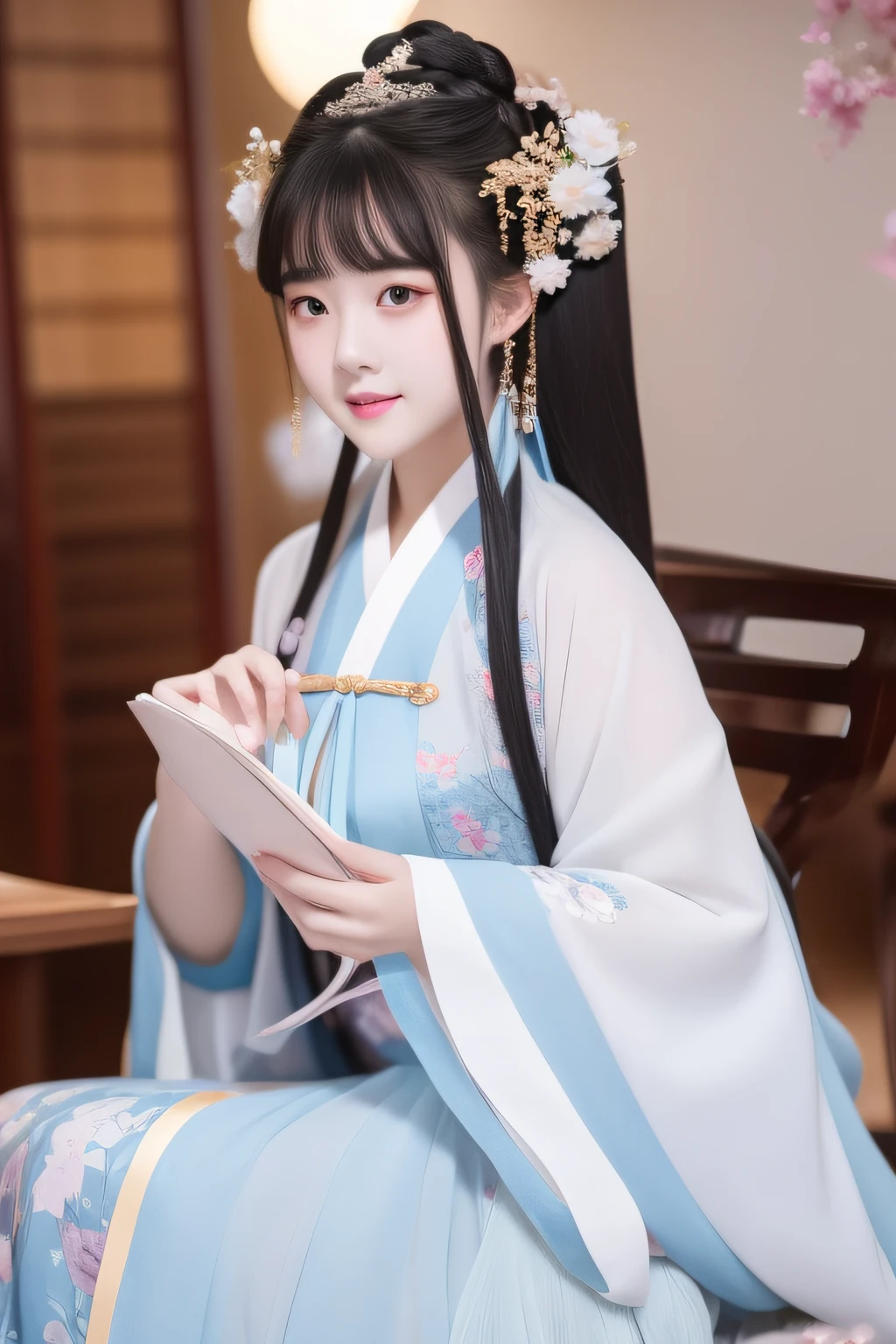 Full moon night，The Hanfu beauty sat down facing the camera，Turn pages gracefully，Her delicate facial features reveal a perfect face。She has a beautiful and detailed appearance。。。。。，Wearing Hanfu，The colorful colors make it even more dazzling。She has long hair and a shawl，Show charm。It is a real photo，Show off the figure and charm of the perfect woman。be on stage，She plays solo，With a charming smile on his face，The perfect display of Hanfu's charm。