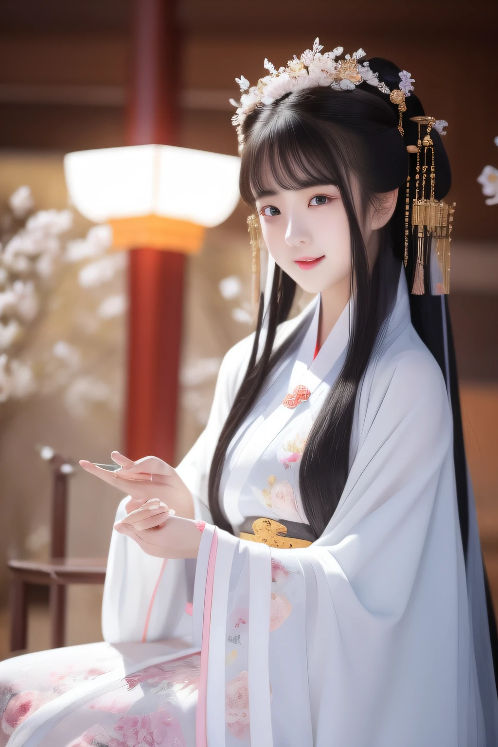Full moon night,The Hanfu beauty sat down facing the camera,Turn pages gracefully,Her delicate facial features reveal a perfect face。She has a beautiful and detailed appearance。。。。。,Wearing Hanfu,The colorful colors make it even more dazzling。She has long hair and a shawl,Show charm。It is a real photo,Show off the figure and charm of the perfect woman。be on stage,She plays solo,With a charming smile on his face,The perfect display of Hanfu's charm。