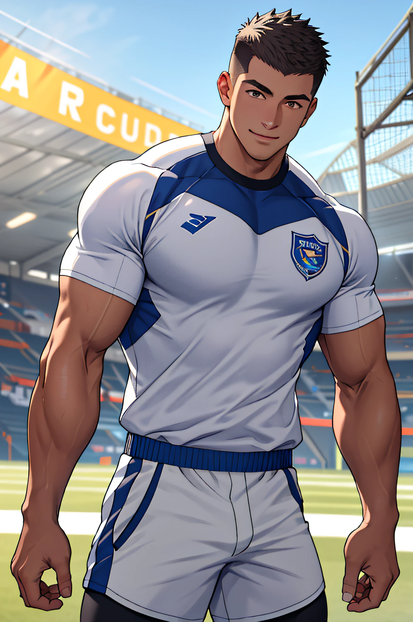 Draw a full-fledged athlete，Stand on the central field of the gym，He wears high-end sportswear，The man looks confident and determined，rays of sunshine，cheerful big breasts，Handsome，Crew cut，full bodyesbian，shooting from below，tight shorts showing a large bulge in his crotch, big bult