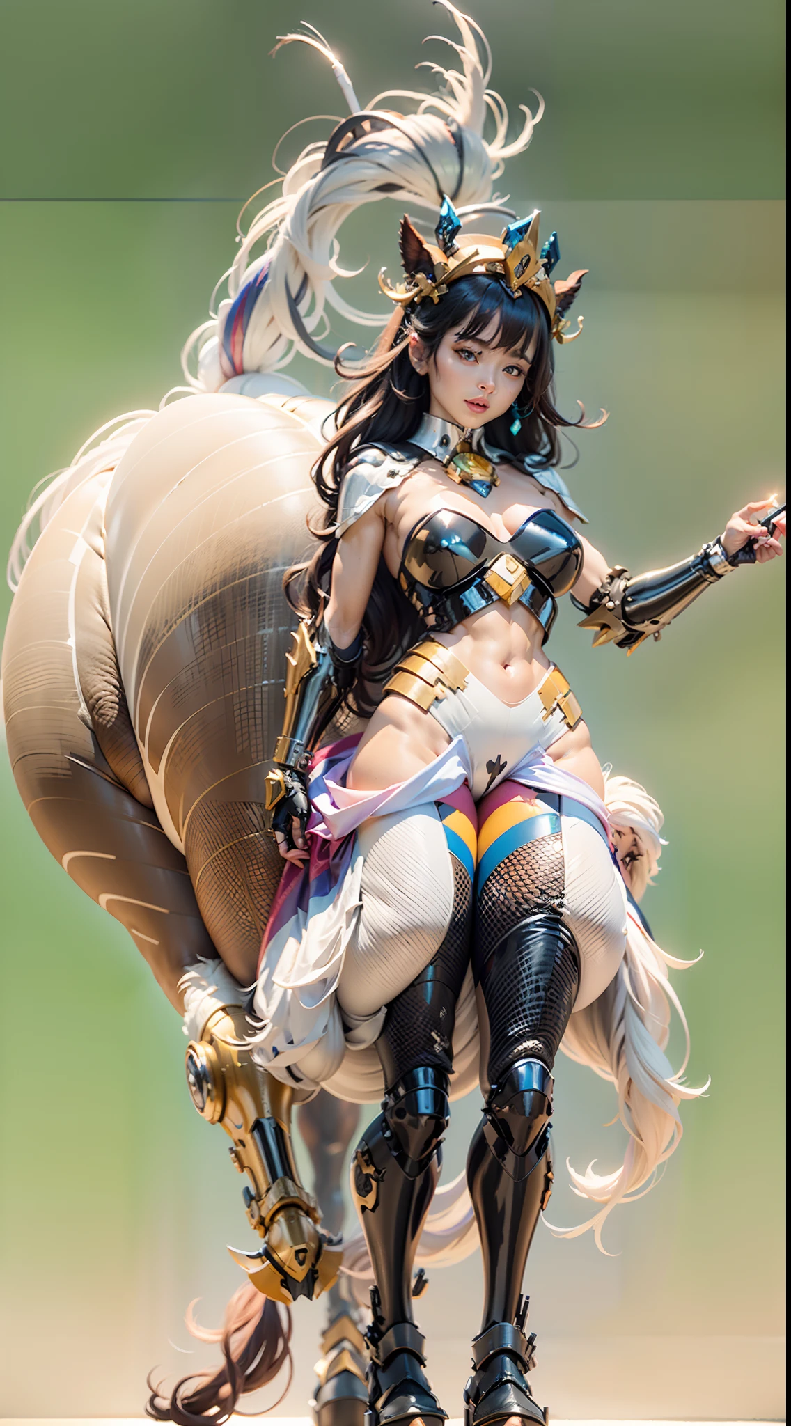 A female centaur,She is famous in the multiverse,She is both a female centaur, half human, half horse, half horse,It is also a female Yingzhao。She blends both images,The first is:((The head of the horse/neck/Shoulder these parts,Replaced with a beautiful female human upper body):9.9),of females are half-centaurs, half-horses, half-humans,The second is:((The head of the horse/neck/lower back/hason/gluteal/Shijo Thigh Female Embodiment):9.9),'s((Female half-horse with beautiful woman's):9.9,Chimer):9.9),(It's like a female human wearing a half-horse-like costume and making a seamless chimera:9.9),This chimerization is based on powerful futuristic technology。The ultra-wide-angle lens captures the image of her beautiful and ethereal wings on the ionosphere launching a super-high-speed charge and leaping。Her front half is distinctly feminine,Tall sexy body,possessed(K cup giant coconut tit chest:9.9),It has a small man's waist butterfly straddling(Long legs:9.9),The embedded interface of the half-horse part of the bent feminine state of the back half of the body is in the hip position。(The horse-shaped, half-horse torso form of her back body is completely female humanization9.9)。The chest cavity of a woman in the shape of a bent dog style embedded in the lower back position of the beautiful woman's body starting from the upper part of the sternum/lower back/Ventral transverse。Then there are the sexy beauty's upright hips,(Her entire body has been completely female and replaced by a female body:9.9),Including the half-horse part。Mechanized armor covers the legs with knee-shaped anti-joints and feet,And these parts are highly anthropomorphic,This makes her legs graceful and slender,Her four horse legs exploded in length proportions and was slender and toned,Under the legs are skinny white feet dressed in Skyscraper Heels,Use Midjourney's advanced stroke tools and color palettes, as well as texture packs, model packs, and texture tools,Concentration,Include all parts of her