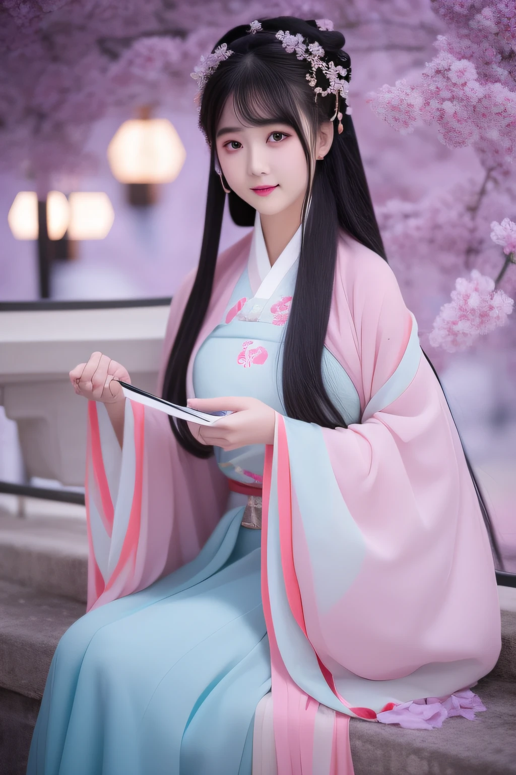 Full moon night,The Hanfu beauty sat down facing the camera,Turn pages gracefully,Her delicate facial features reveal a perfect face。She has a beautiful and detailed appearance。。。。。。,Wearing Hanfu,The colorful colors make it even more dazzling。She has long hair and a shawl,Show charm。It is a real photo,Show off the figure and charm of the perfect woman。be on stage,She plays solo,With a charming smile on his face,The perfect display of Hanfu's charm。