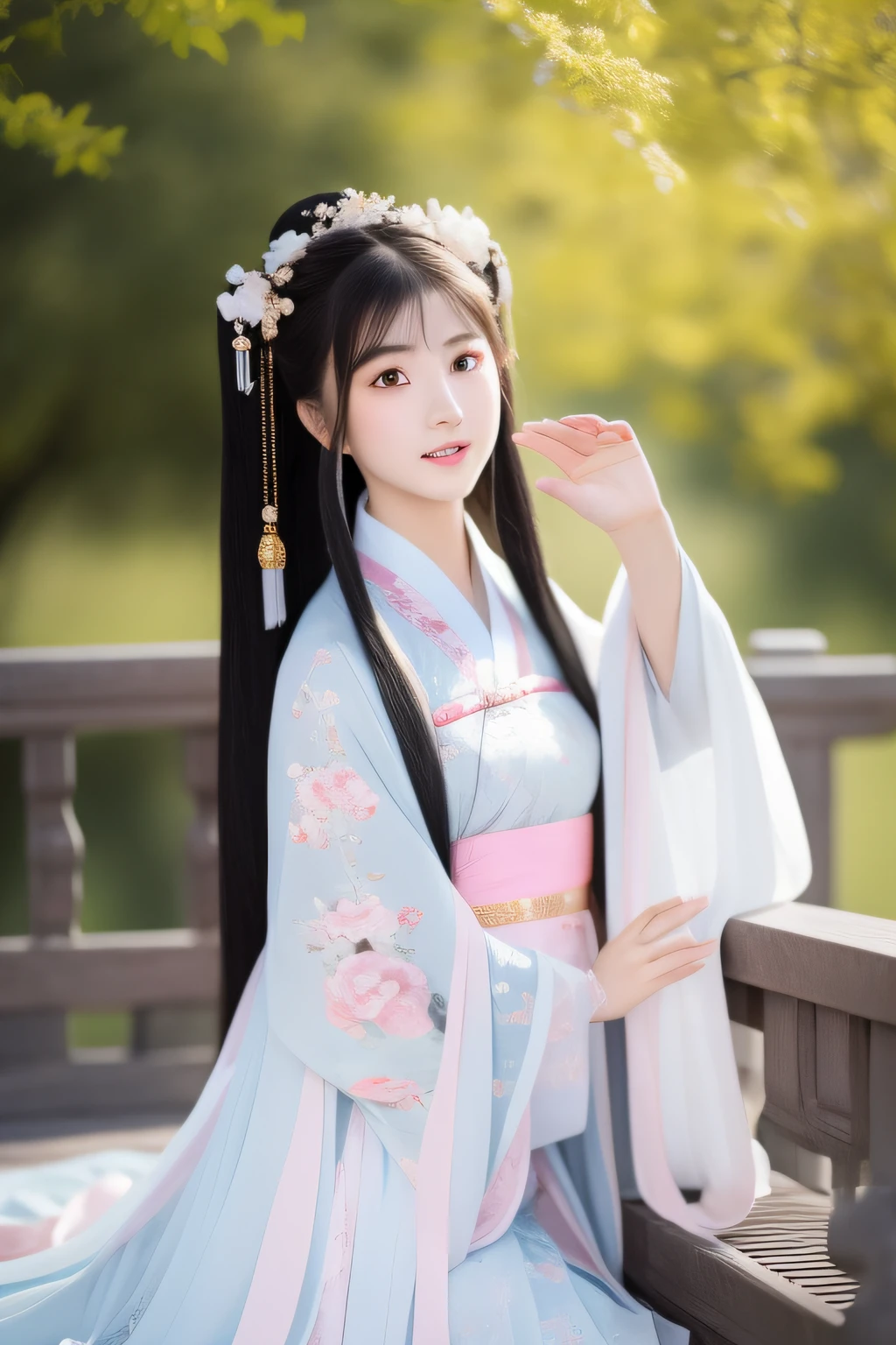 Full moon night,The Hanfu beauty sat down facing the camera,Turn pages gracefully,Her delicate facial features reveal a perfect face。She has a beautiful and detailed appearance。。。。。。,Wearing Hanfu,The colorful colors make it even more dazzling。She has long hair and a shawl,Show charm。It is a real photo,Show off the figure and charm of the perfect woman。be on stage,She plays solo,With a charming smile on his face,The perfect display of Hanfu's charm。