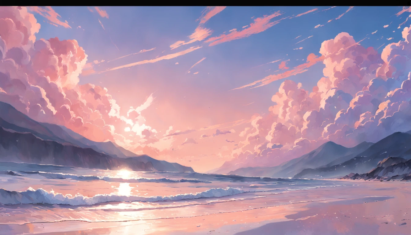 When the sun sets on the beach. The sky is painted with a breathtaking palette of pastel pastel colors - dusty blue, with soft pink colors, And fantastic lavender.Someone is basking in the sun