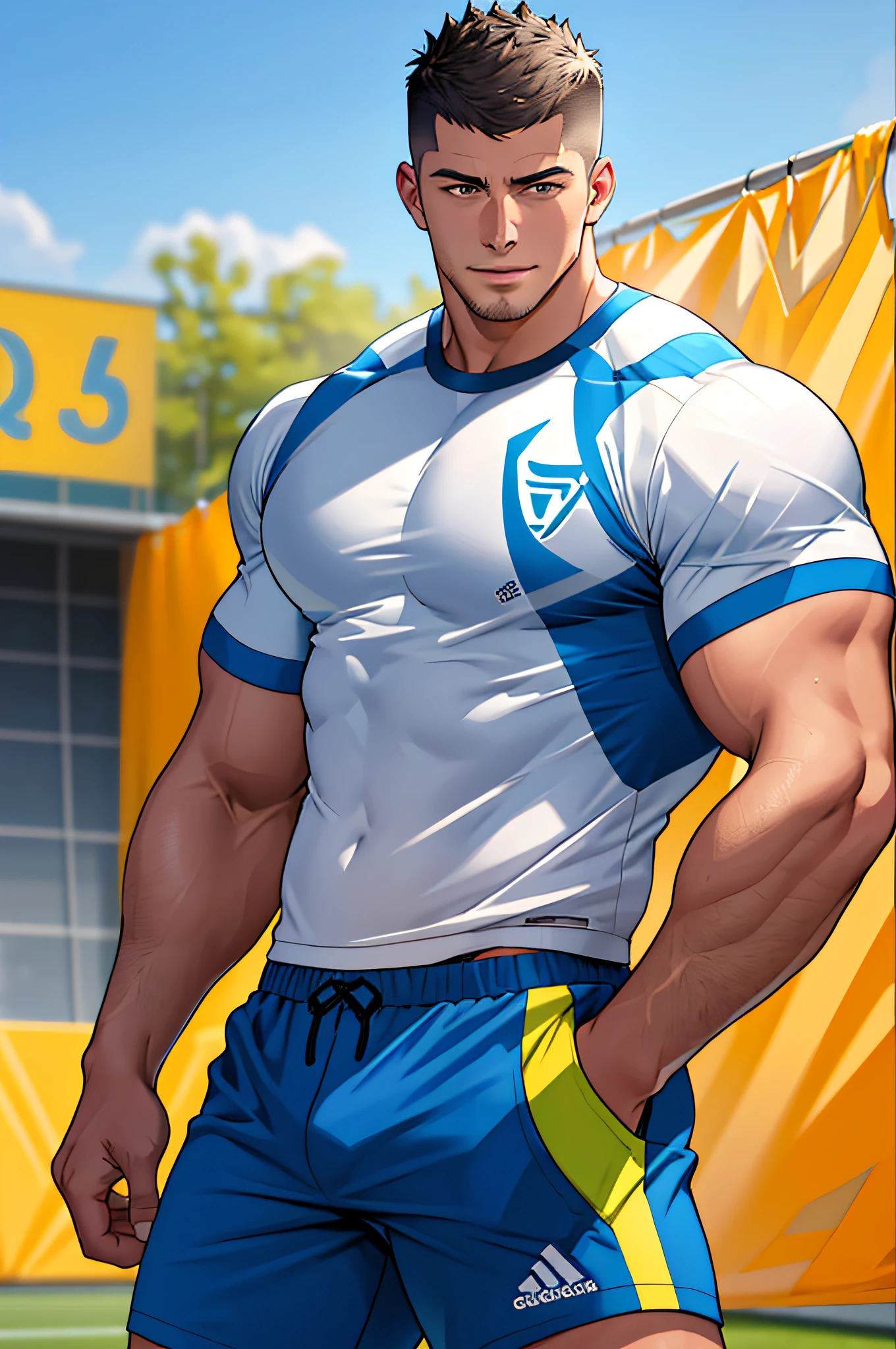 Draw a full-fledged athlete,Stand on the central field of the gym,He wears high-end sportswear,The man looks confident and determined,rays of sunshine,cheerful big breasts,Handsome,Crew cut,full bodyesbian,shooting from below,