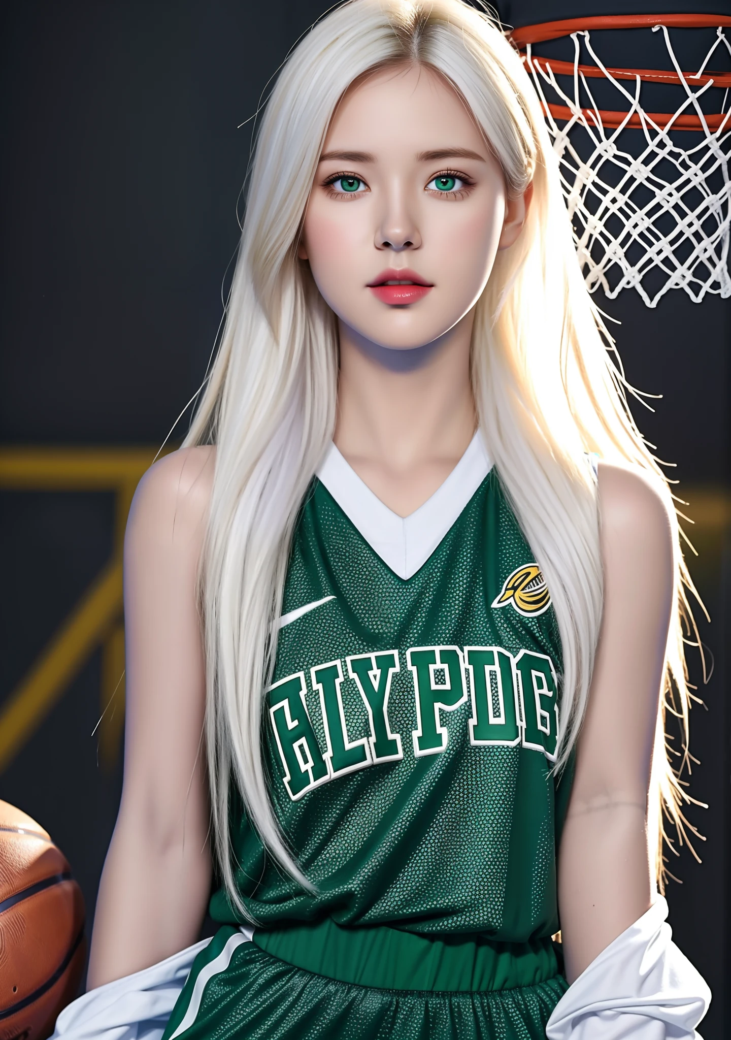 （8K， RAW photos， best qualtiy， tmasterpiece：1.2）， （realisticlying， photograph realistic：1.4）， illustratio， A high resolution，hexagons，（1girll）， coiffed blonde hair，European people，opulent， rugged skin， （Oval shaped face：1.1）， profesional lighting， photon maping， Radio City， physically-based renderingt， adolable， Wear green and white basketball uniforms，Huge chest，Raised sexy（），Play basketball on the basketball court，basketball playground，Cheers of the audience，Exposes a large amount of skin，PureErosFace_V1：0.3