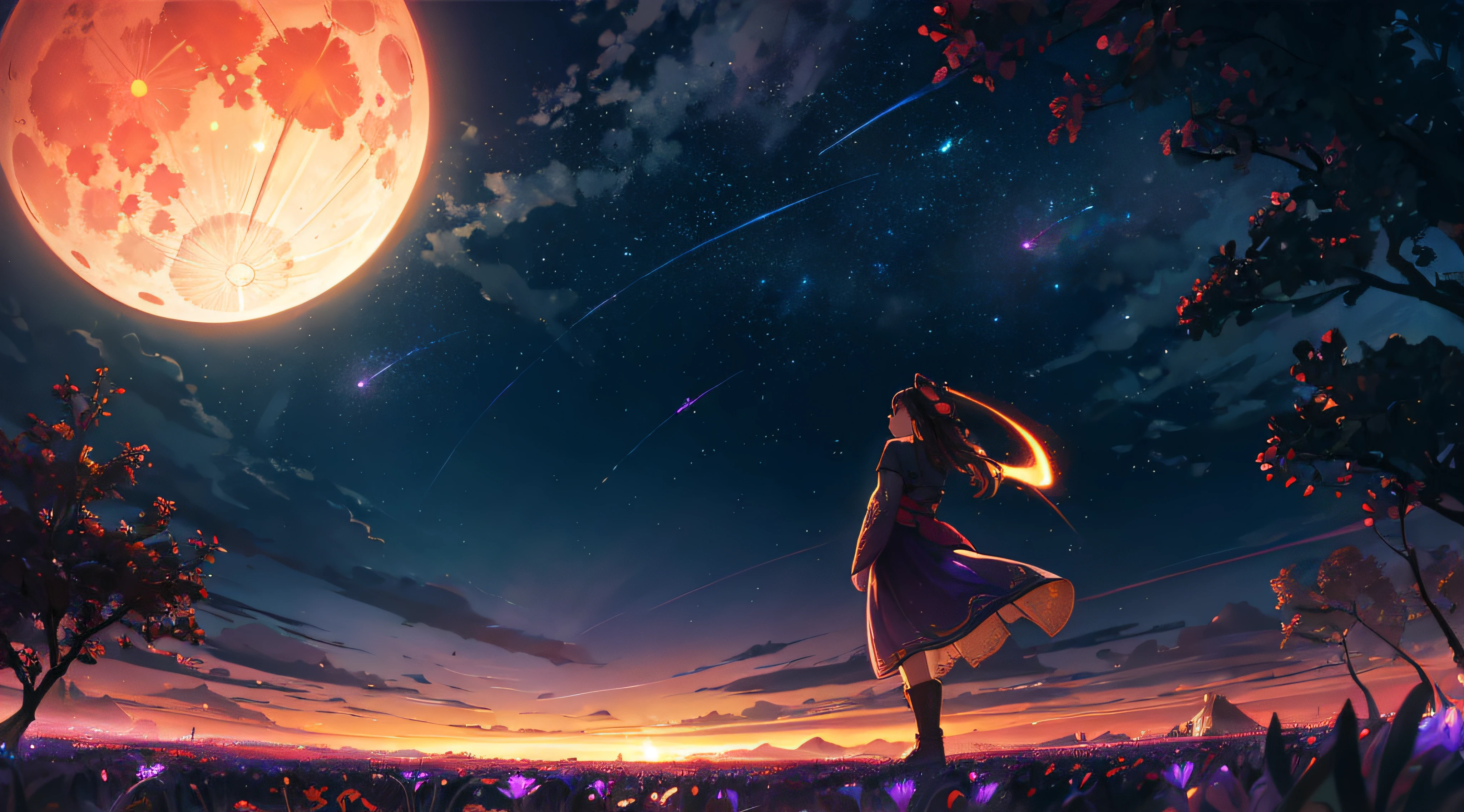 expansive landscape photograph , (a view from below that shows sky above and open field below), a girl standing on flower field looking up, (full moon:1.2), ( shooting stars:0.9), (nebula:1.3), distant mountain, tree BREAK
production art, (warm light source:1.2), (Firefly:1.2), lamp, lot of purple and orange, intricate details, volumetric lighting, realism BREAK
(masterpiece:1.2), (best quality), 4k, ultra-detailed, (dynamic composition:1.4), highly detailed, colorful details,( iridescent colors:1.2), (glowing lighting, atmospheric lighting), dreamy, magical, (solo:1.2)