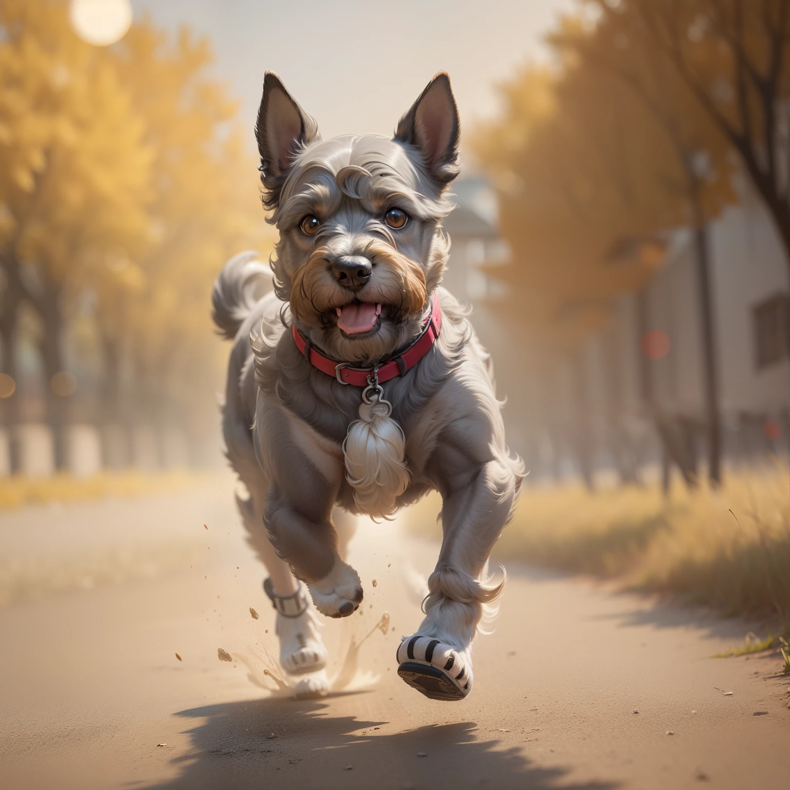 "Create a stunning 8k masterpiece featuring a mini schnauzer running super fast sequence in a greenfield during the golden hour. The image should be in gray scale color with a realistic-photography style. Please make sure to capture the full body of the dog in motion.", Vivid colors style Van Gogh,foots capture on the ground