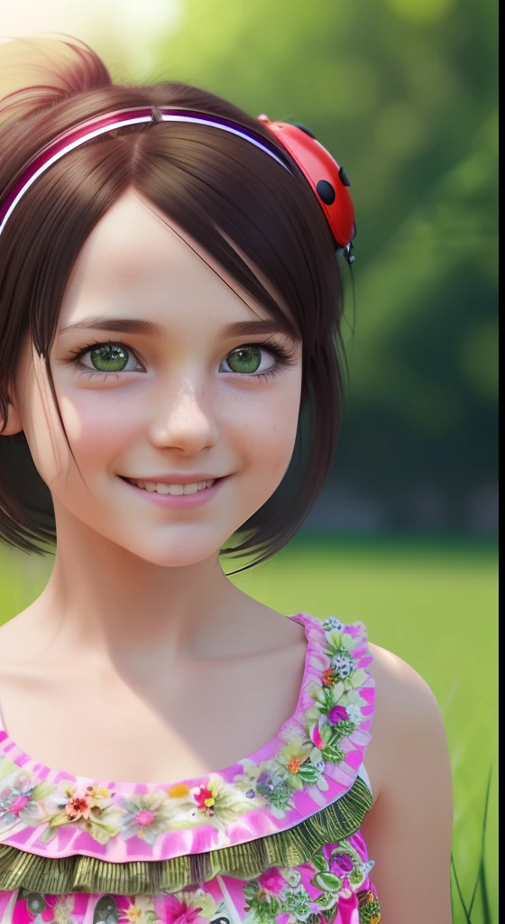 best quality, ultra high res, detailed face, realistic face,RAW photo, 
a park, standing, european girl,   girl 3 years  face, smile, Brown hair, detailed hair, short hair, shoes, baby shoes, dress, summer_dress, simple dress, light bright dress, cute baby dress, floral dress, (cheerful, energetic, happy:1.4), green eyes, hair small clip with ladybug, 
(hdr:1.4), dramatic, complex background, cinematic, filmic, (rutkowski, artstation:0.8),
insane details, intricate details, hyperdetailed, low contrast, soft cinematic light, exposure blend, hdr ,