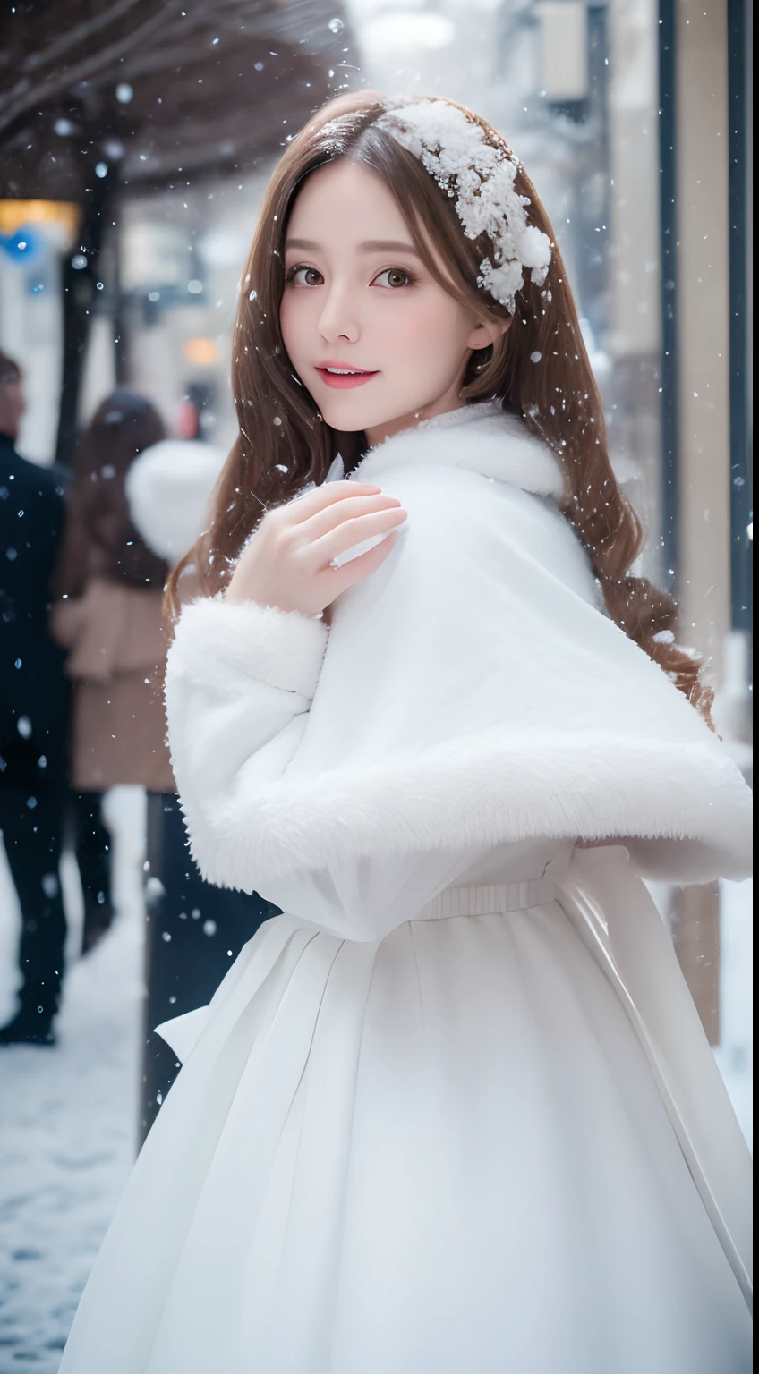 ((best qualtiy, 8K, tmasterpiece:1.3)), Focus:1.2, perfect figure beautiful woman:1.4, Cocked buttocks:1.2, ((long whitr hair)), (Thick fur collar cape:1.1) , (Falling snow, street，stop，copse，snow cover:1.3),(Dynamic style Lolita costume:1.3), Highly detailed facial and skin texture, A detailed eye, 二重まぶた，Whiten skin，ssmile，huge tit，Cinematic lighting，Detailed details，Real hair and skin，