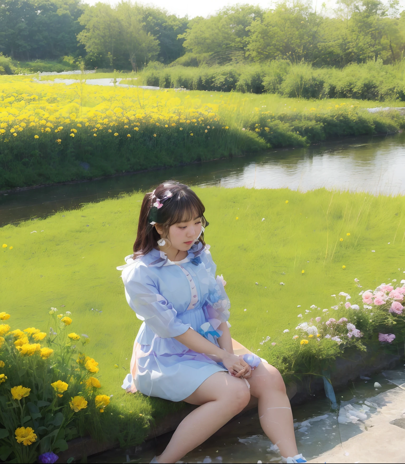 there is a woman holding a bouquet of flowers on a bridge, with flowers, holding flowers, holding magic flowers, holding a flower, carrying flowers, with frozen flowers around her, sitting with flowers, aww, chiho, 🤬 🤮 💕 🎀, flowers in background, profile image, shikamimi, handsome girl, beautiful surroundings, 😭 🤮 💕 🎀