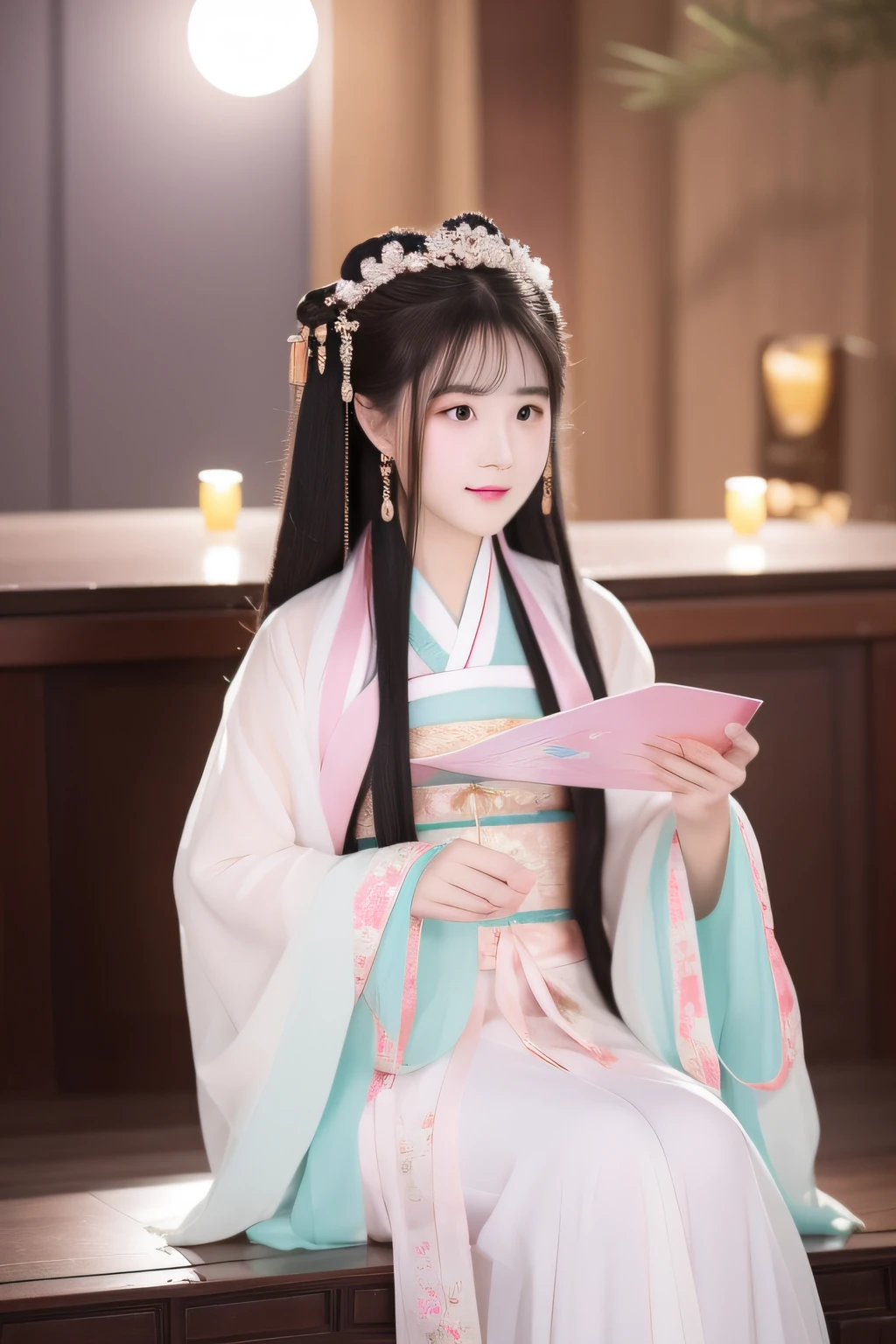 Full moon night，The Hanfu beauty sat down facing the camera，Turn pages gracefully，Her delicate facial features reveal a perfect face。She has a beautiful and detailed appearance。。。。。。。，Wearing Hanfu，The colorful colors make it even more dazzling。She has long hair and a shawl，Show charm。It is a real photo，Show off the figure and charm of the perfect woman。be on stage，She plays solo，With a charming smile on his face，The perfect display of Hanfu's charm。