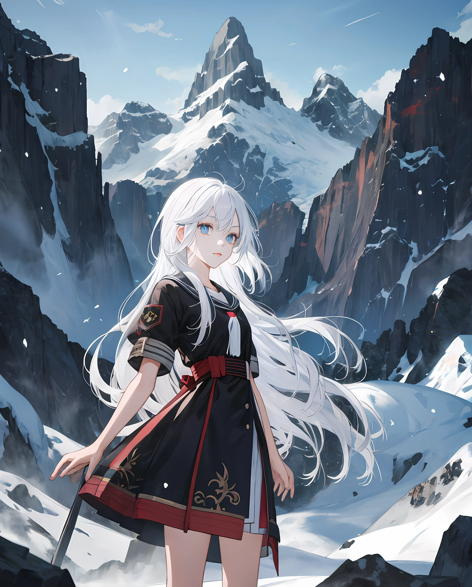 A high resolution，the detail，A teenage girl（Anime style），Colorful white hair，Eyes full of details，Stand in front of towering peaks