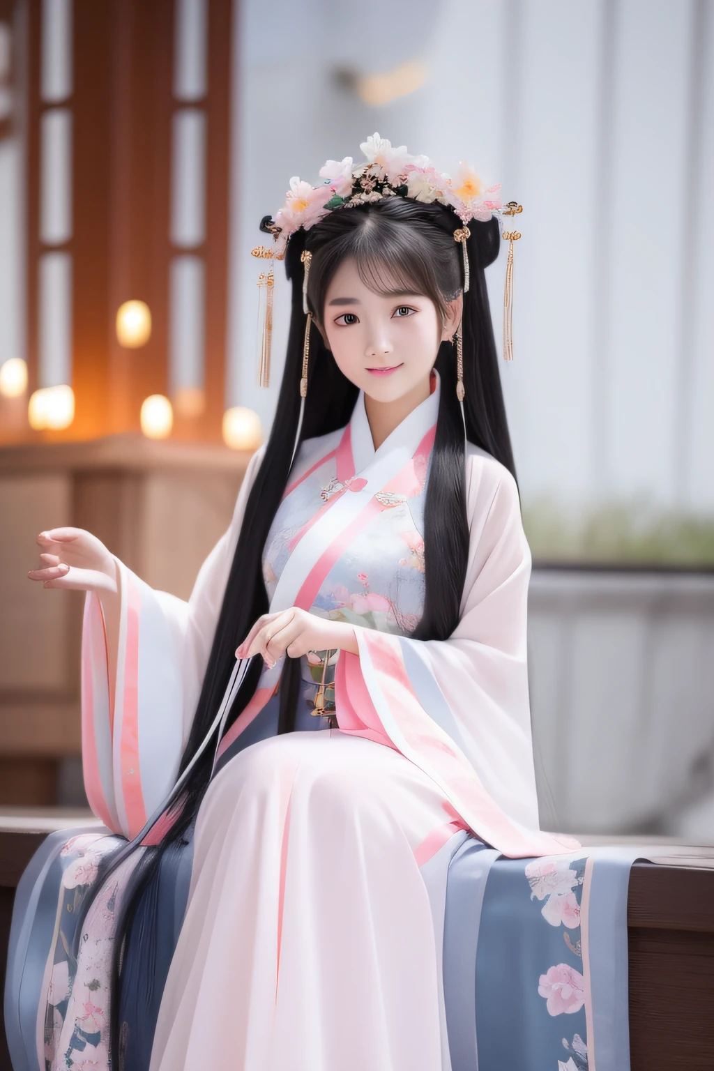 Full moon night,The Hanfu beauty sat down facing the camera,Turn pages gracefully,Her delicate facial features reveal a perfect face。She has a beautiful and detailed appearance。。。。。。。,Wearing Hanfu,The colorful colors make it even more dazzling。She has long hair and a shawl,Show charm。It is a real photo,Show off the figure and charm of the perfect woman。be on stage,She plays solo,With a charming smile on his face,The perfect display of Hanfu's charm。