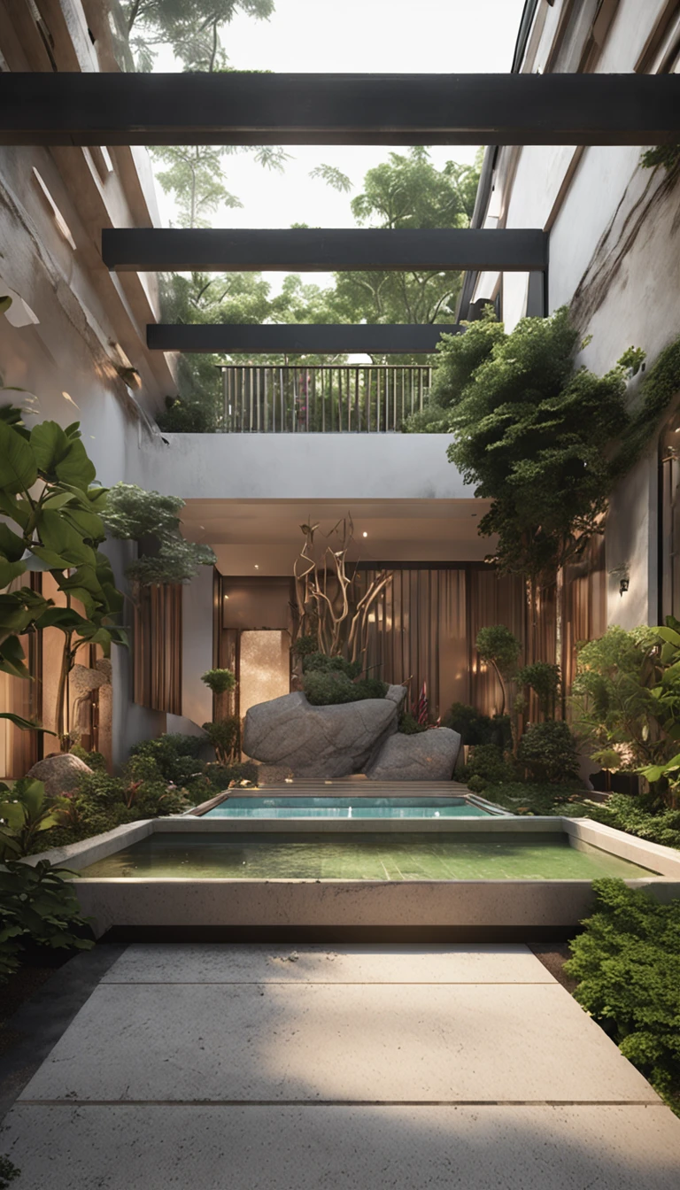 Access to the courtyard,You will see a spacious and sophisticated courtyard,The grounds of the courtyard are paved with high-quality stone,Flat and smooth。The courtyard is surrounded by some greenery and flowers,Like evergreen、shrubs and ornamental flowers, etc。These plants are placed and laid out with aesthetics and privacy in mind,Creates a pleasant atmosphere。There is a small water feature area in the middle of the courtyard,Water flows from the stone fountain,Brings cool and natural sound。