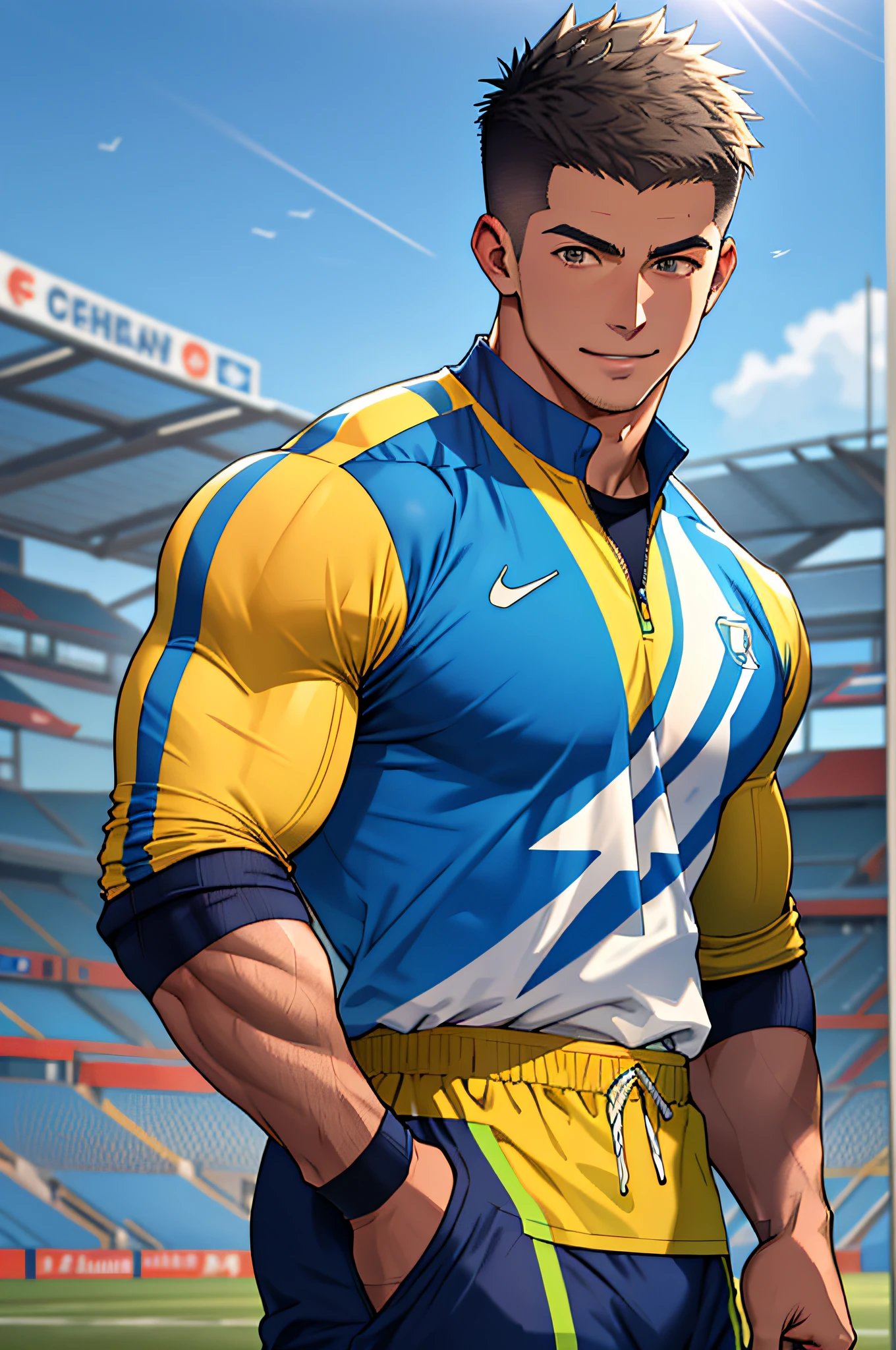 Draw a full-fledged athlete，Stand on the central field of the gym，He wears high-end sportswear，The man looks confident and determined，rays of sunshine，cheerful big breasts，Handsome，Crew cut，full bodyesbian，shooting from below，