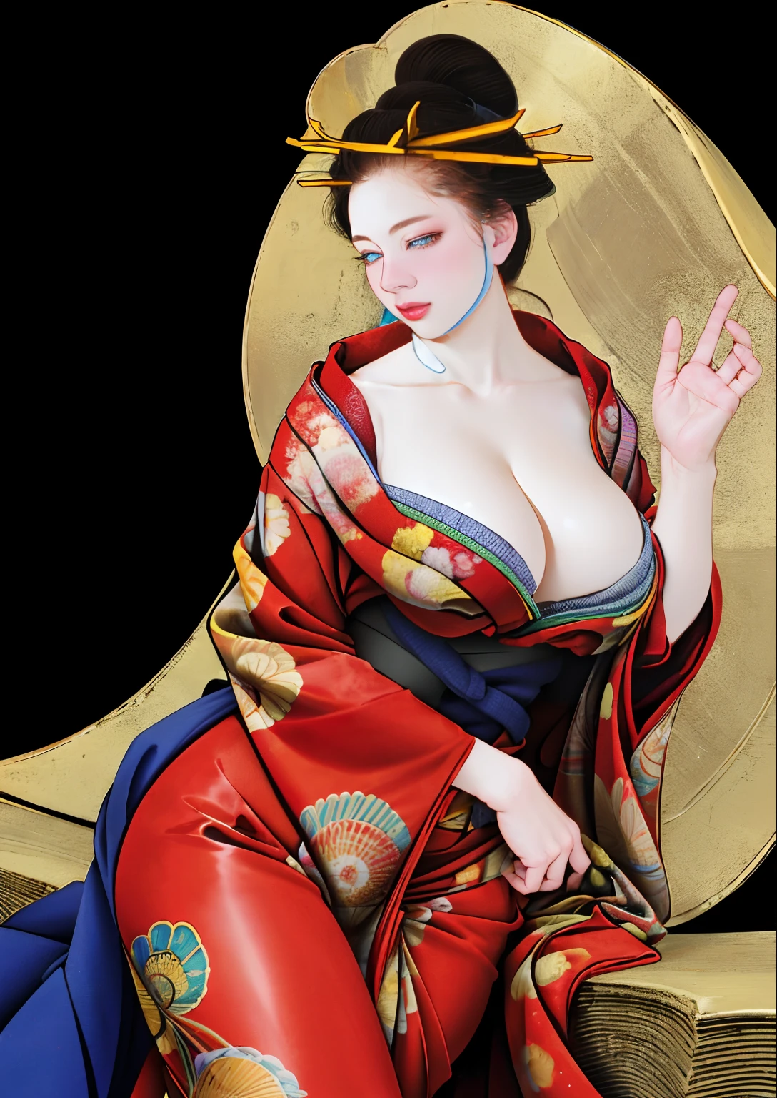 ulzzang -6500-v1.1,(Raw foto:1.2),((Photorealsitic:1.4)),top-quality,masterpiece, illustratio, extremely delicate and beautiful, extremely details CG,Unity,8k wallpaper, astonishing、finely detail, Official art,absurderes, Incredibly ridiculous, huge filesize, ultra-detailliert, hight resolution, (Raw photo, Best Quality, Mastery:1.2), (Realistic, Photorealsitic:1.4), (masuter piece:1.4), (Best Quality:1.4),1girl in、Cowboy Shot, 独奏、looking at the viewers、blue eyess、A dark-haired、hair adornments、Komono、Kimono、makeups、lipsticks、hair stick, perfectly proportions, Perfect growth, Pretty curvaceous, 爆乳, The thighs are raw、Red kimono、Kanzashi、layered clothes、Art Parody、Glossy, Bewitching,