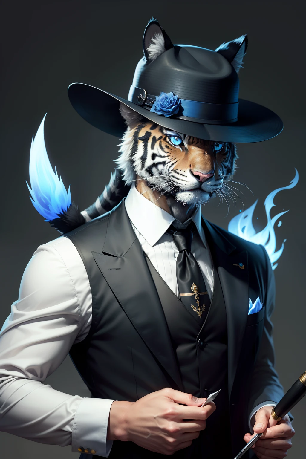 black tiger,Pan,Hat,monocle,smile,Carrying a blue flame knife on his back,Suits,sideface,head portrait,Non-human,critters,feline face,tiger anthropomorphic,pencil drawing,Draw a sense of paper