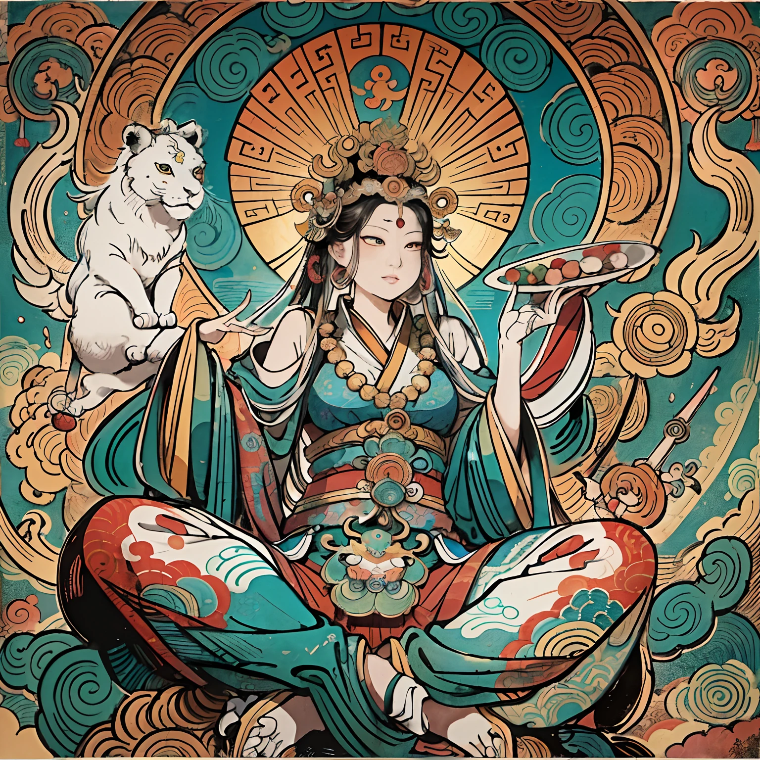 an ancient Chinese goddess, guanyin of the southern seas, Guanyin, Inspired by India, Avalokiteshvara rides a lion,,Serene expression,shui mo hua,Buddha,Buddhist,Lotus,Chinese painting style,Thangka style