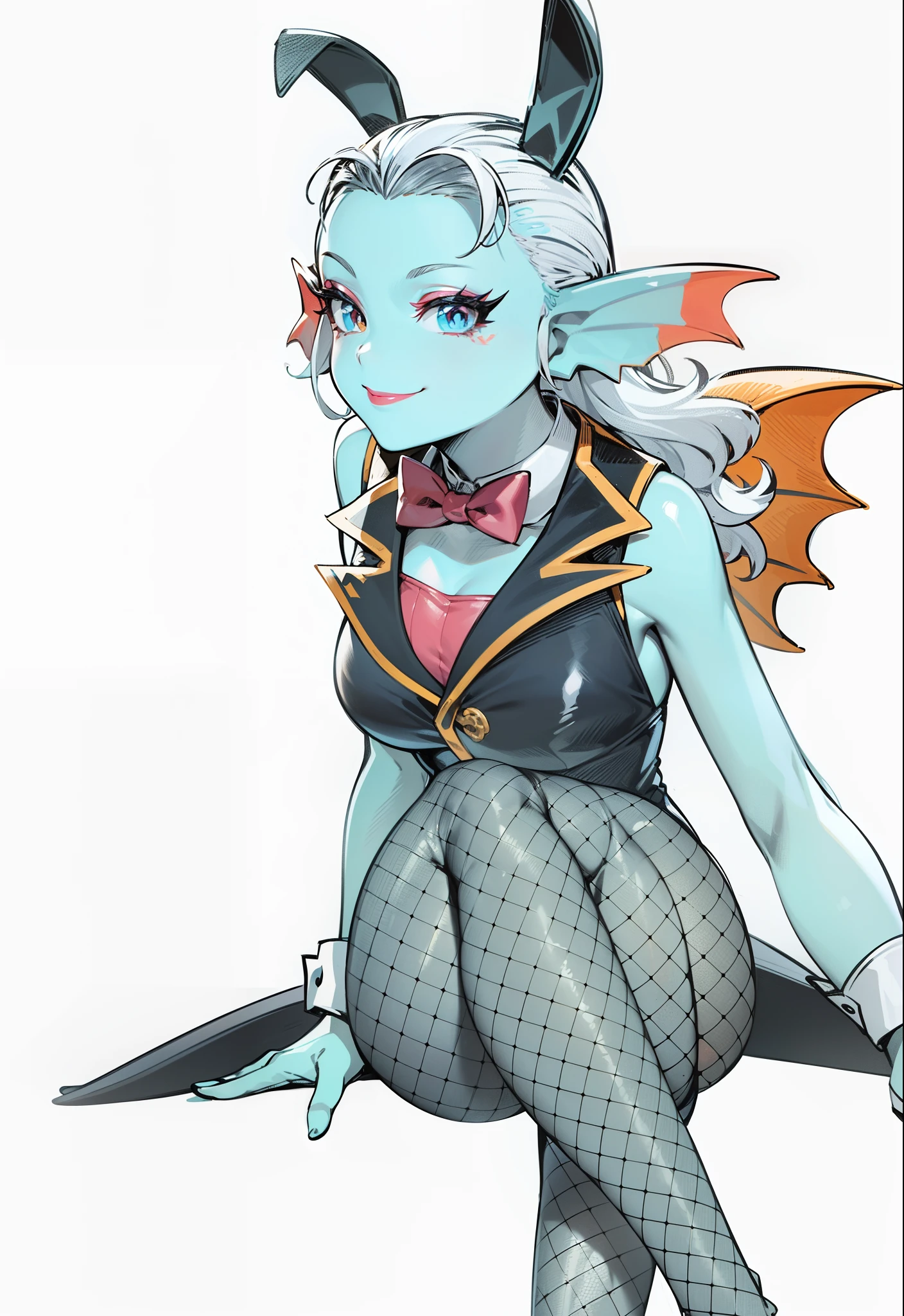 8K, high definition, animated, married woman, beautiful, small face, beautiful, bright, hair white, eye highlights, sexy, erotic, beautiful line drawing.
Light blue skin, orange ears, fins, bunny girl, bunny suit, net tights on legs, crossed legs, smiling, raised eyebrows, pink lipstick, sitting posture,