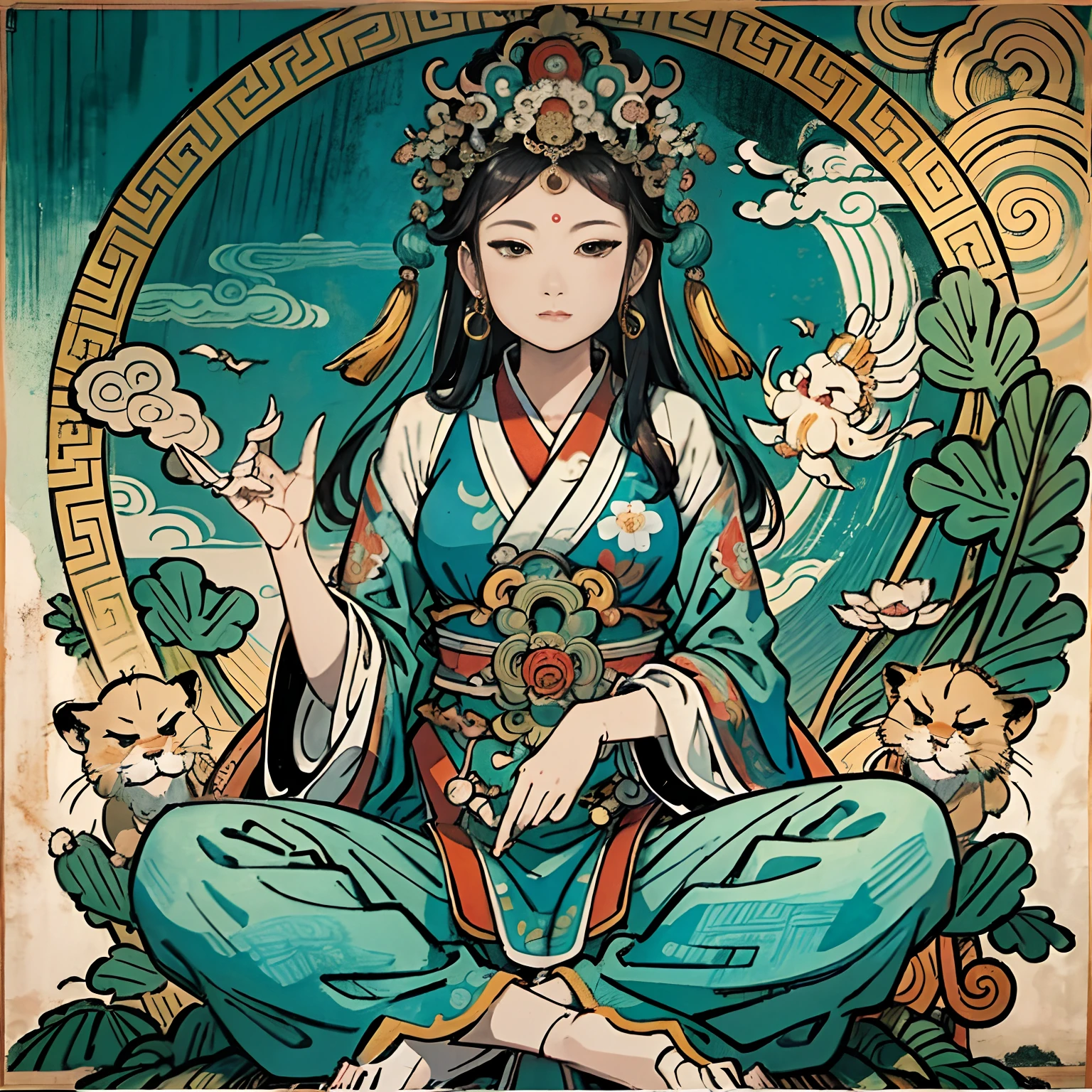 an ancient Chinese goddess, guanyin of the southern seas, Guanyin, Inspired by India, Avalokiteshvara rides a lion，,Serene expression,shui mo hua,Buddha,Buddhist,Lotus,Chinese painting style,Thangka style