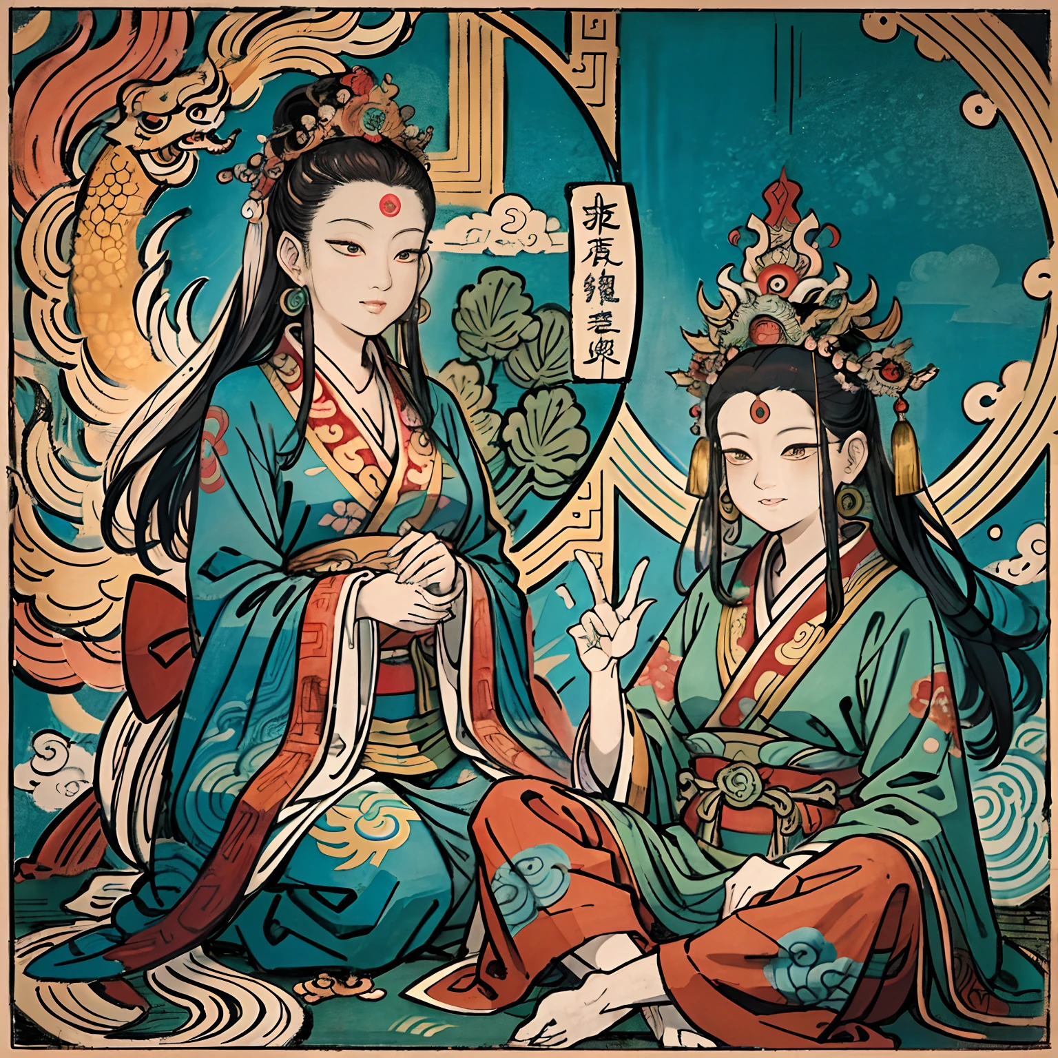 an ancient Chinese goddess, guanyin of the southern seas, Guanyin, Inspired by India, Avalokiteshvara rides a phoenix,,Serene expression,shui mo hua,Buddha,Buddhist,Lotus,Chinese painting style,Thangka style