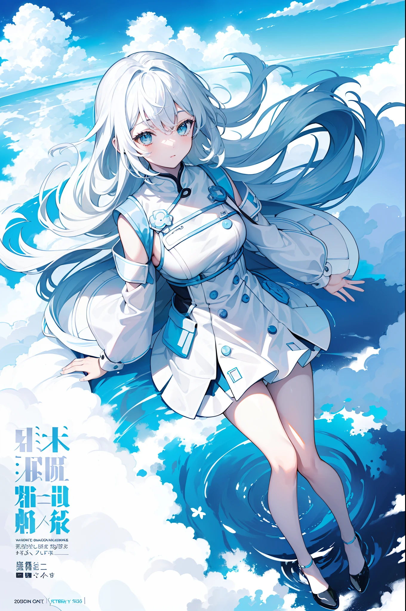 masterpiece,(top-quality),(1girl in) ,独奏,(highly contrast:1.2),(a high chroma:1.2), (Put your hands in your pockets)),((Black and white dresses)),Look at viewers,((White and light blue theme:1.3)),((White and light blue background:1.5)),white hair,blue eyess,((walk:1.3)),full bodyesbian,Black footwear,((Light blue water, white clouds and day floating in the sky)),((From above:1.2)), (magazine:1.3), (cover-style:1.3), Fashionable, femele, with a vibrant, outfits, the pose, the front, Colorful, Dynamic, Background with, element, I'm confident, expresive, ngel, statement, accessorized, An majestic, coiled, surroundings, touch, The scene, Texto, covers, It's bold, captures the attention, titles, stylish, font, Catchy, headline, The large, impressive, moderno, Trendy, focus, lo fashion