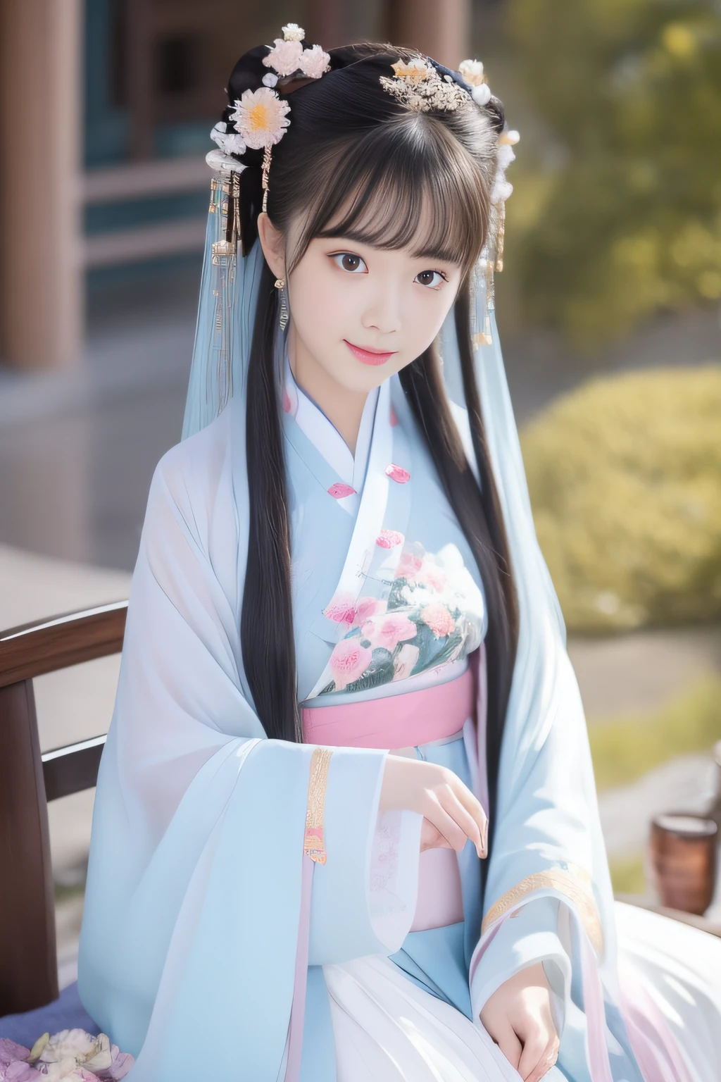 Full moon night，The Hanfu beauty sat down facing the camera，Flip the pages of books gracefully，Her delicate facial features reveal a perfect face。She has a beautiful and detailed appearance。。。。。。。。，Wearing Hanfu，The colorful colors make it even more dazzling。She has long hair and a shawl，Show charm。It is a real photo，Show off the figure and charm of the perfect woman。be on stage，She plays solo，With a charming smile on his face，The perfect display of Hanfu's charm。