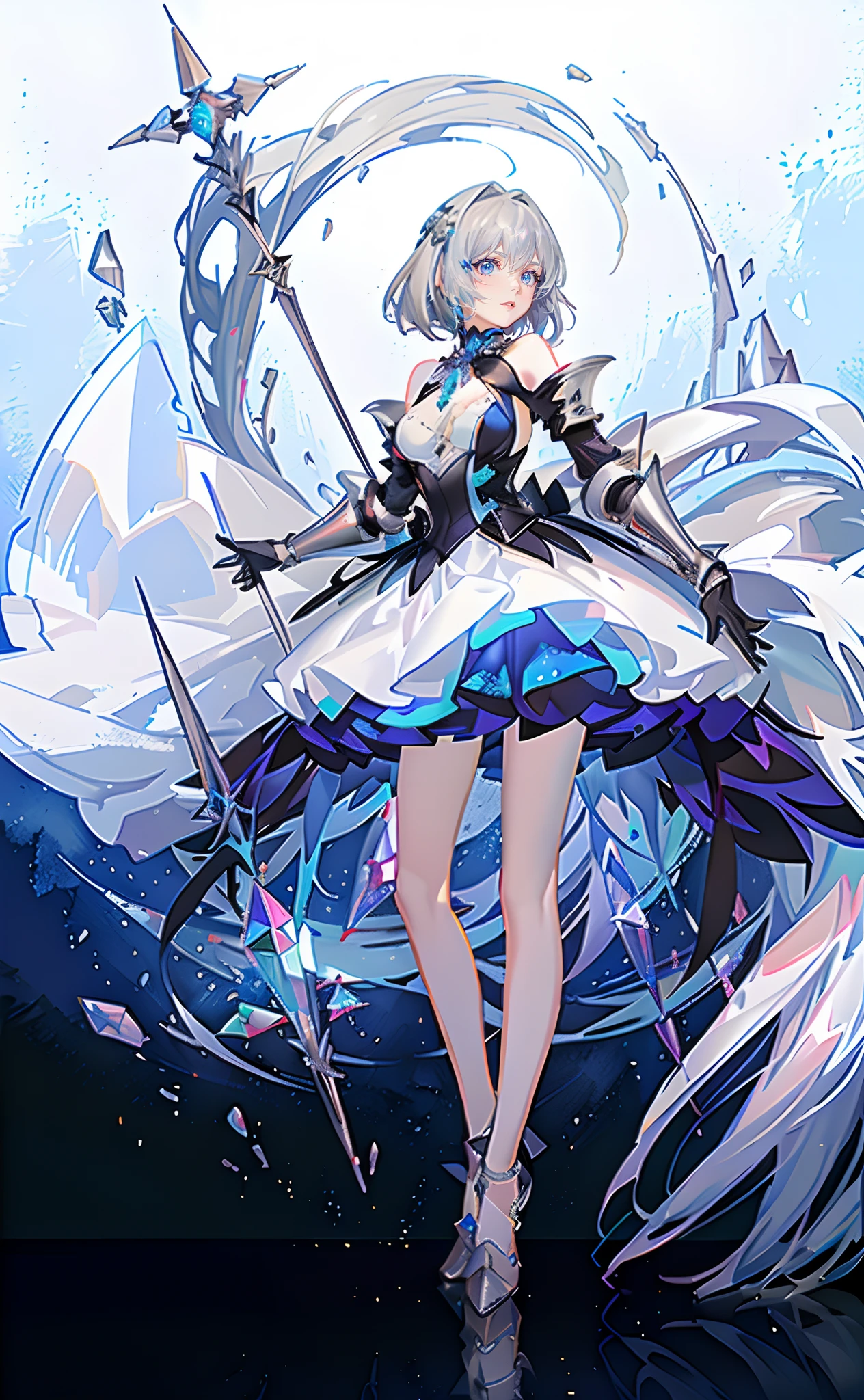 best qualityer,tmasterpiece,Ultimate resolution,downy,Extremely colorful,Colorful,Lady Knight,Royal Sister,Silver armor skirt,Full body set with gemstones,White crystal,huge tit,(Silver-white ultra-short hair),Armor set with white crystal,jewelry,crystal,Normal posture