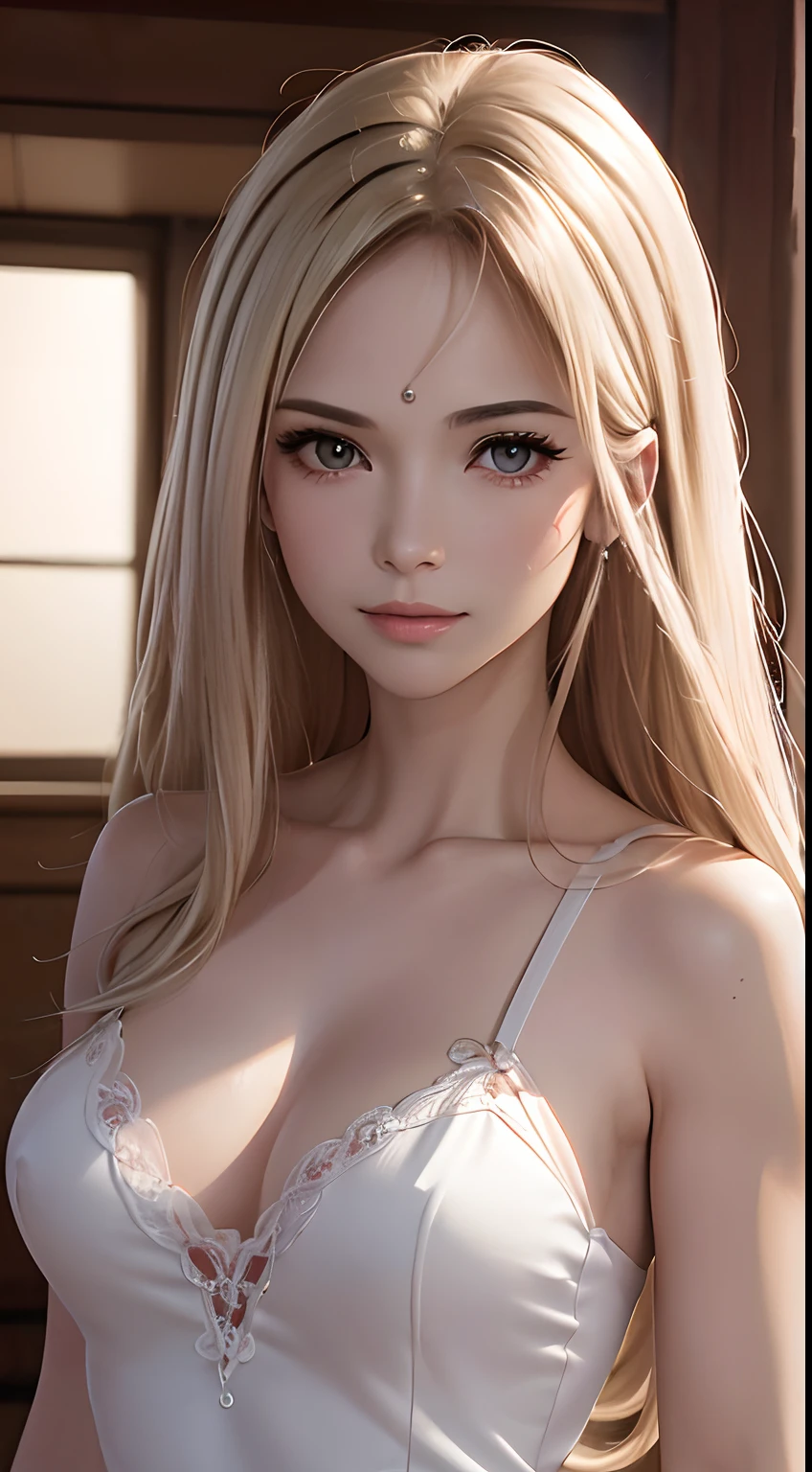 ((of the highest quality, 8K, masutepiece: 1.3)), Sharp Focus: 1.2, Perfect body shape, (Pretty Woman: 1.4), slender, Small breasts, (Strong sunlight in the morning: 1.2), Highly detailed face and skin texture, long lashes, Smile, shiny white blonde hair, Transparent camisole,Red Eye Mask