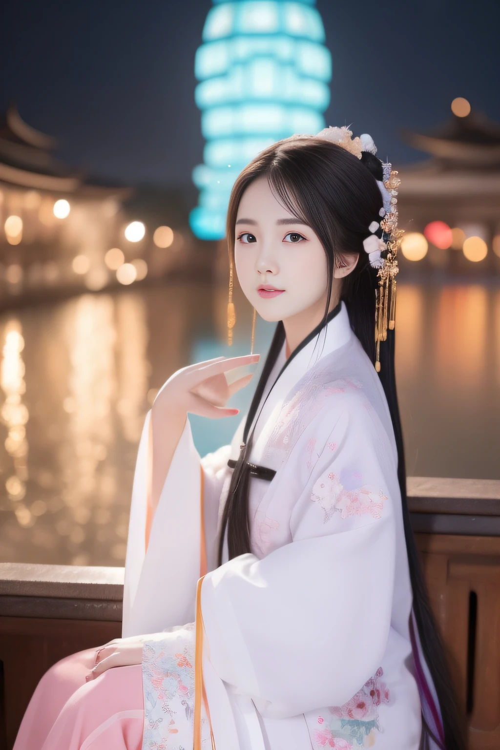 Full moon night,The Hanfu beauty sat down facing the camera,Turn the pages gracefully,Her delicate facial features reveal a perfect face。She has a beautiful and detailed appearance。。。。。。。。。,Wearing Hanfu,The colorful colors make it even more dazzling。She has long hair and a shawl,Show charm。It is a real photo,Show off the figure and charm of the perfect woman。be on stage,She plays solo,With a charming smile on his face,The perfect display of Hanfu's charm。