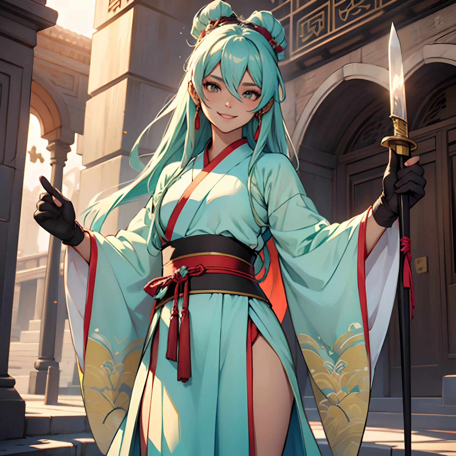 Uma mulher, (mulher), usa Hanfu cinza-claro, bonito, sorriso indiferente, cabelo branco longo, seios grandes, voluptuosa, Hanfu, antigo, muito sexy, atraente, dama de gelo, standingn, corpo inteiro, showing off holding the hilt of a stylish white sword with his right hand, Near the entrance of the Glacial Deity sect.