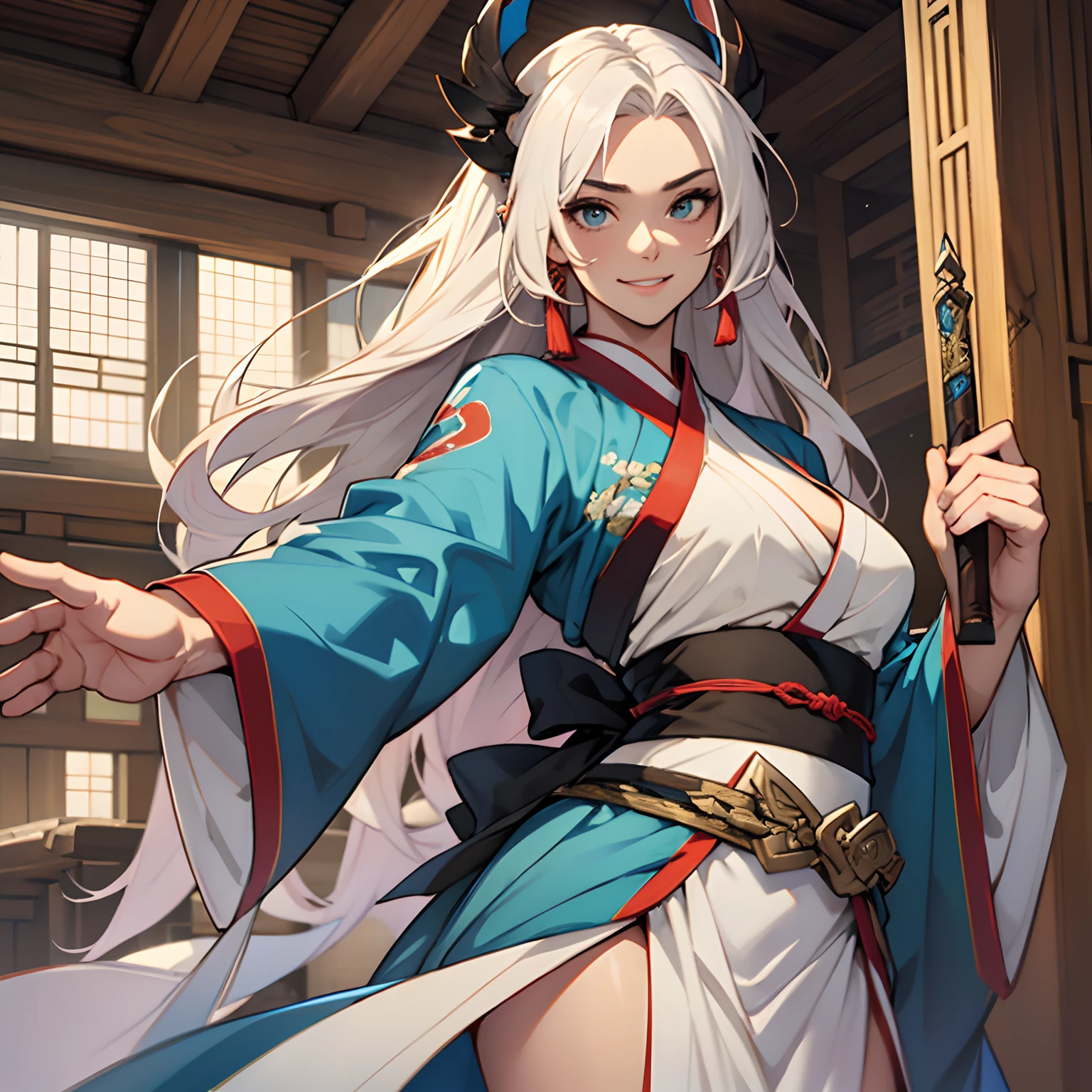 Uma mulher, (mulher), usa Hanfu cinza-claro, bonito, sorriso indiferente, cabelo branco longo, seios grandes, voluptuosa, Hanfu, antigo, muito sexy, atraente, dama de gelo, standingn, corpo inteiro, showing off holding the hilt of a stylish white sword with his right hand, Near the entrance of the Glacial Deity sect.