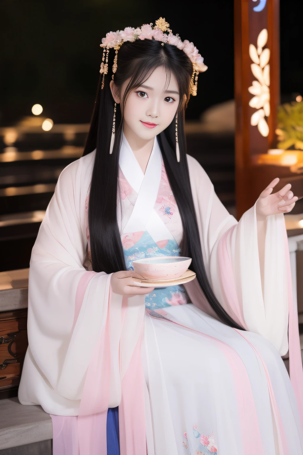 Full moon night，The Hanfu beauty sat down facing the camera，Turn the pages gracefully，Her delicate facial features reveal a perfect face。She has a beautiful and detailed appearance。。。。。。。。。，Wearing Hanfu，The colorful colors make it even more dazzling。She has long hair and a shawl，Show charm。It is a real photo，Show off the figure and charm of the perfect woman。be on stage，She plays solo，With a charming smile on his face，The perfect display of Hanfu's charm。