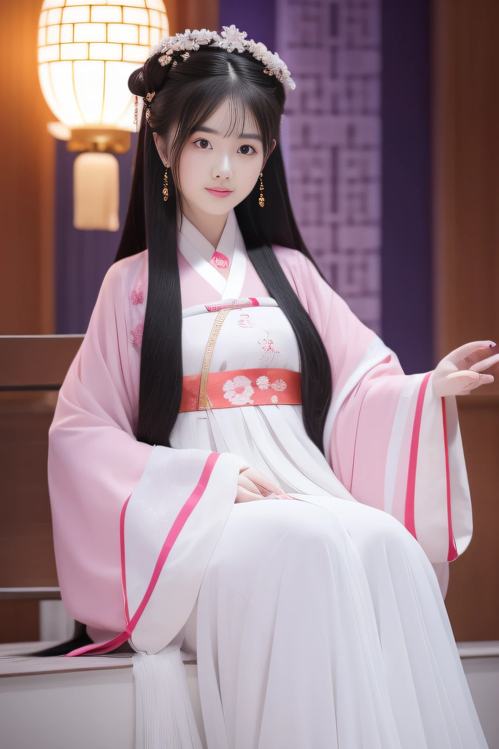 Full moon night,The Hanfu beauty sat down facing the camera,Turn the pages gracefully,Her delicate facial features reveal a perfect face。She has a beautiful and detailed appearance。。。。。。。。。,Wearing Hanfu,The colorful colors make it even more dazzling。She has long hair and a shawl,Show charm。It is a real photo,Show off the figure and charm of the perfect woman。be on stage,She plays solo,With a charming smile on his face,The perfect display of Hanfu's charm。