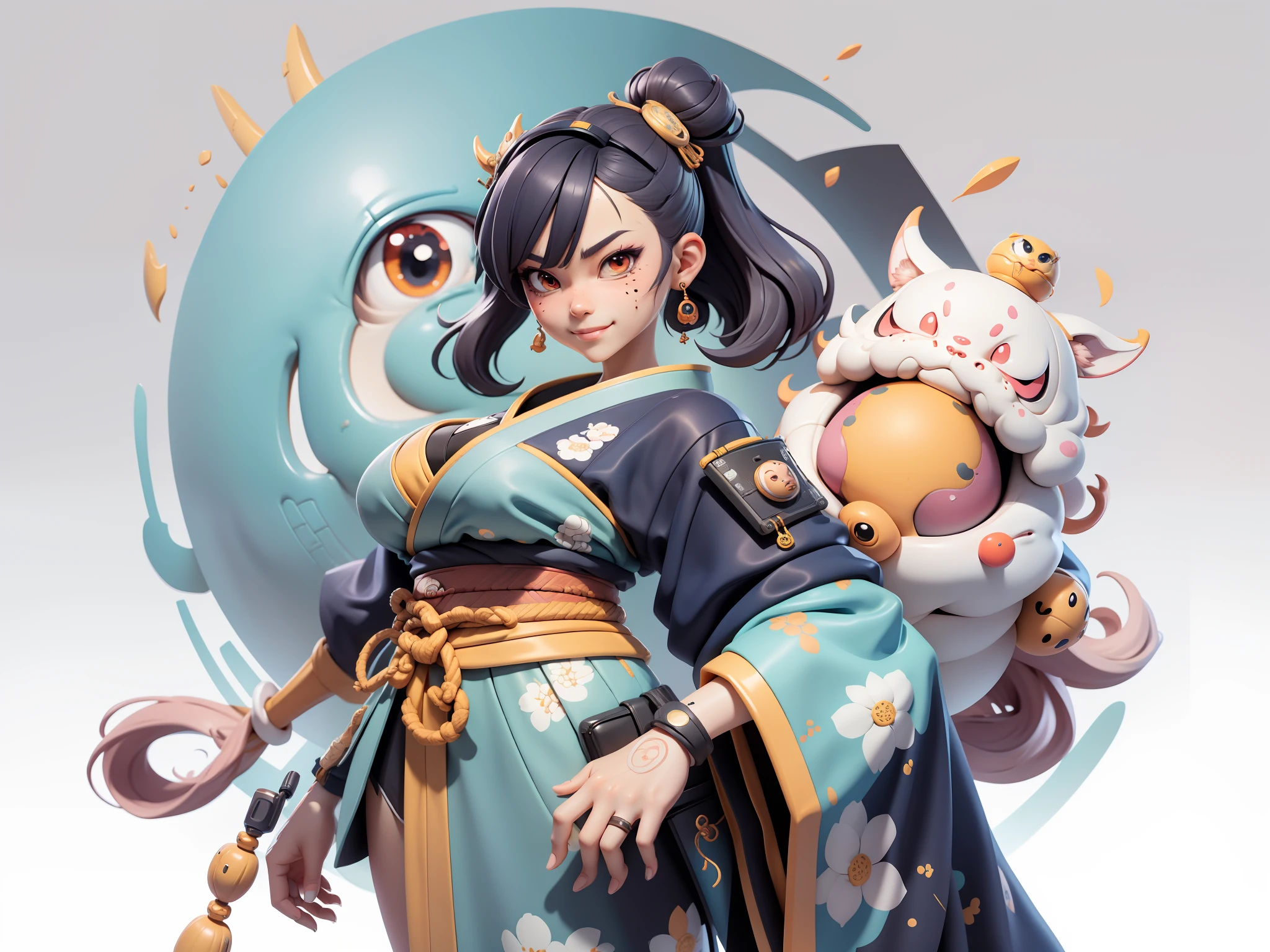 (Daisaku),(Need),(Super meticulous),(full bodyesbian:1.2),Japanese ukiyo-e girl,japanese geisha,Beautiful,Oriental dragon,Aeolian Thor,Raised sexy,爆乳,Oriental face,TV Anchor,Bust portrait illustration,Alone,In black suit,a blue tie,The face is slightly chubby,The face was clean,without a beard,Black super short hair,Black eyes,Smile confidently,3C computer sub-products,iPad, iphone,Digital painting,3D character design by Mark Clairen and Pixar and Hayao Miyazaki and Akira Toriyama,The illustration is a high-definition illustration in 4K resolution,With very detailed facial features and cartoon-style visuals。