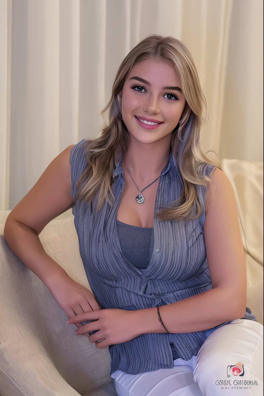 Blonde woman sitting on a couch with a smile on her face.