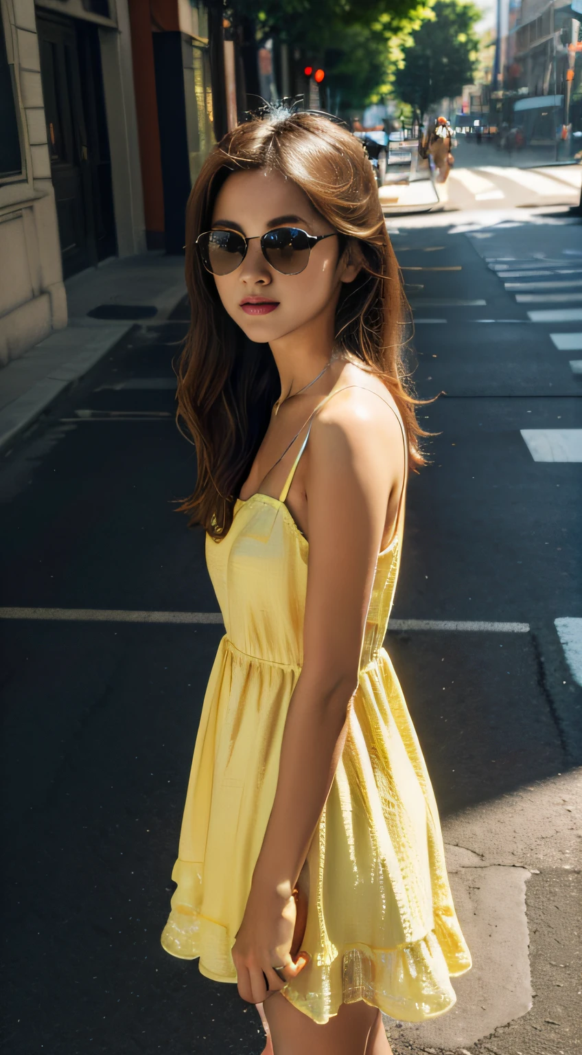 (cinematic angle:1.2), street view, (1 girl, sunglasses, summer dress), (best quality, detailed details, masterpiece, official art, movie lighting effects, 4K)