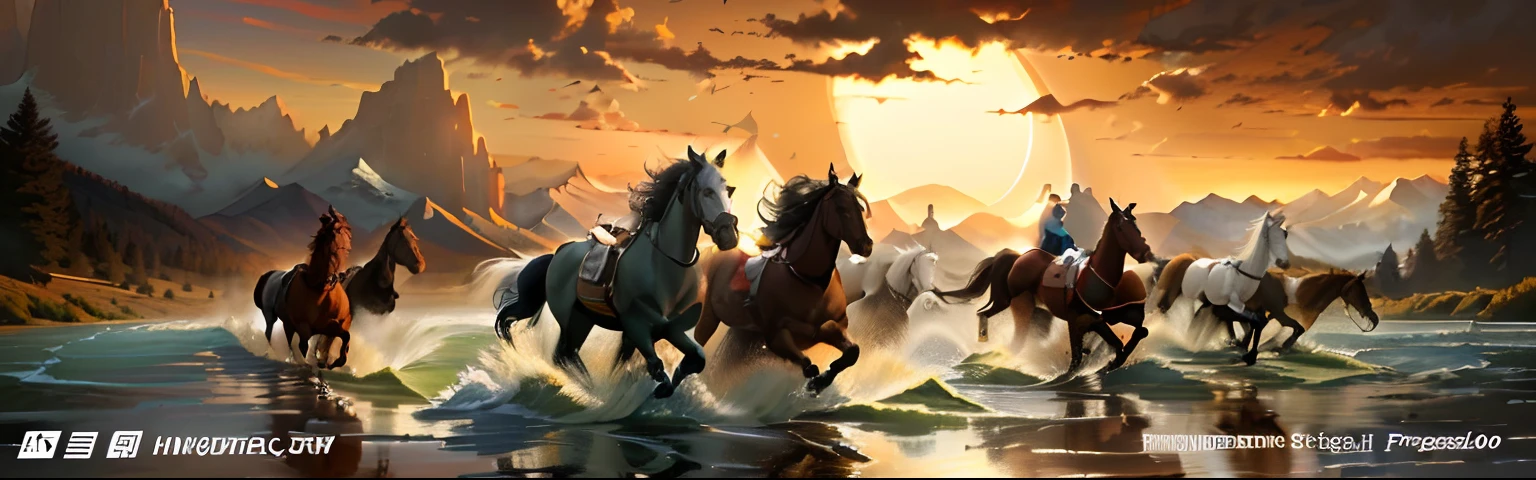 Horses running in the water at sunset，with the mountains in the background, Horses, horses in run, majestic horses, inspired by mark keathley, inspired by John Frederick Herring, Sr., author：Dexko Uzunov, galloping, wallpaper hd, by Yang J, Western art, High quality wallpaper, the see horse valley, hd artwork，Cartoon illustration style