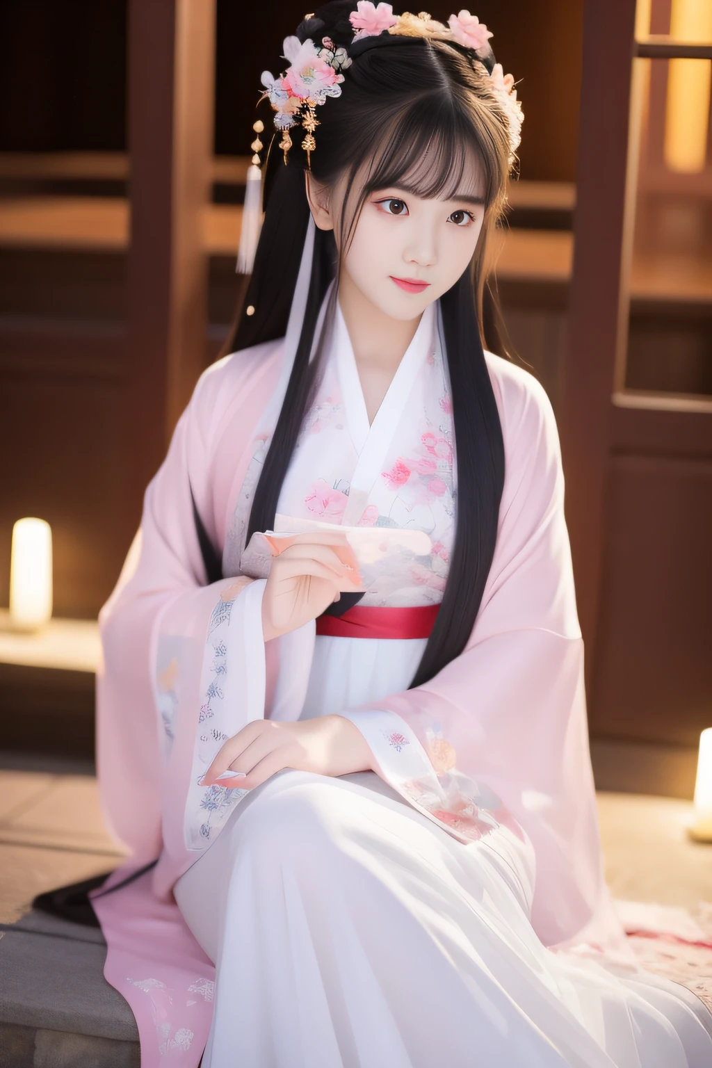 Full moon night,The Hanfu beauty sat down facing the camera,Flip the pages of books gracefully,Her delicate facial features reveal a perfect face。She has a beautiful and detailed appearance。。。。。。。。。,Wearing Hanfu,The colorful colors make it even more dazzling。She has long hair and a shawl,Show charm。It is a real photo,Show off the figure and charm of the perfect woman。be on stage,She plays solo,With a charming smile on his face,The perfect display of Hanfu's charm。