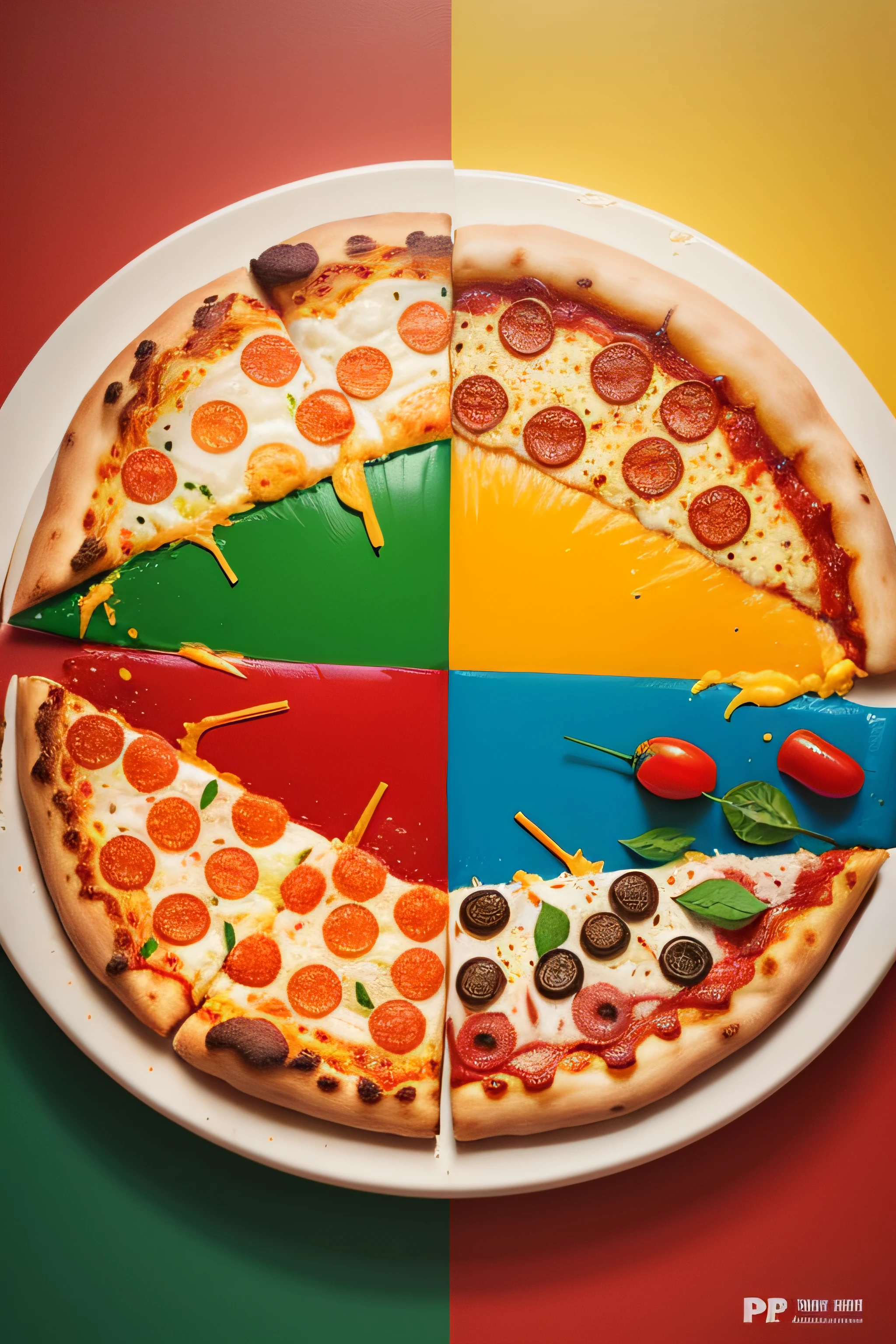 The Pizza Painting: In the middle of the Poster, Pizza has a cheerful look surrounded by paint colors and pizza and vegetables. Paint color: fresh and diverse. Show the enthusiasm, passion and Peace of Pizza 4P's and the freshness.