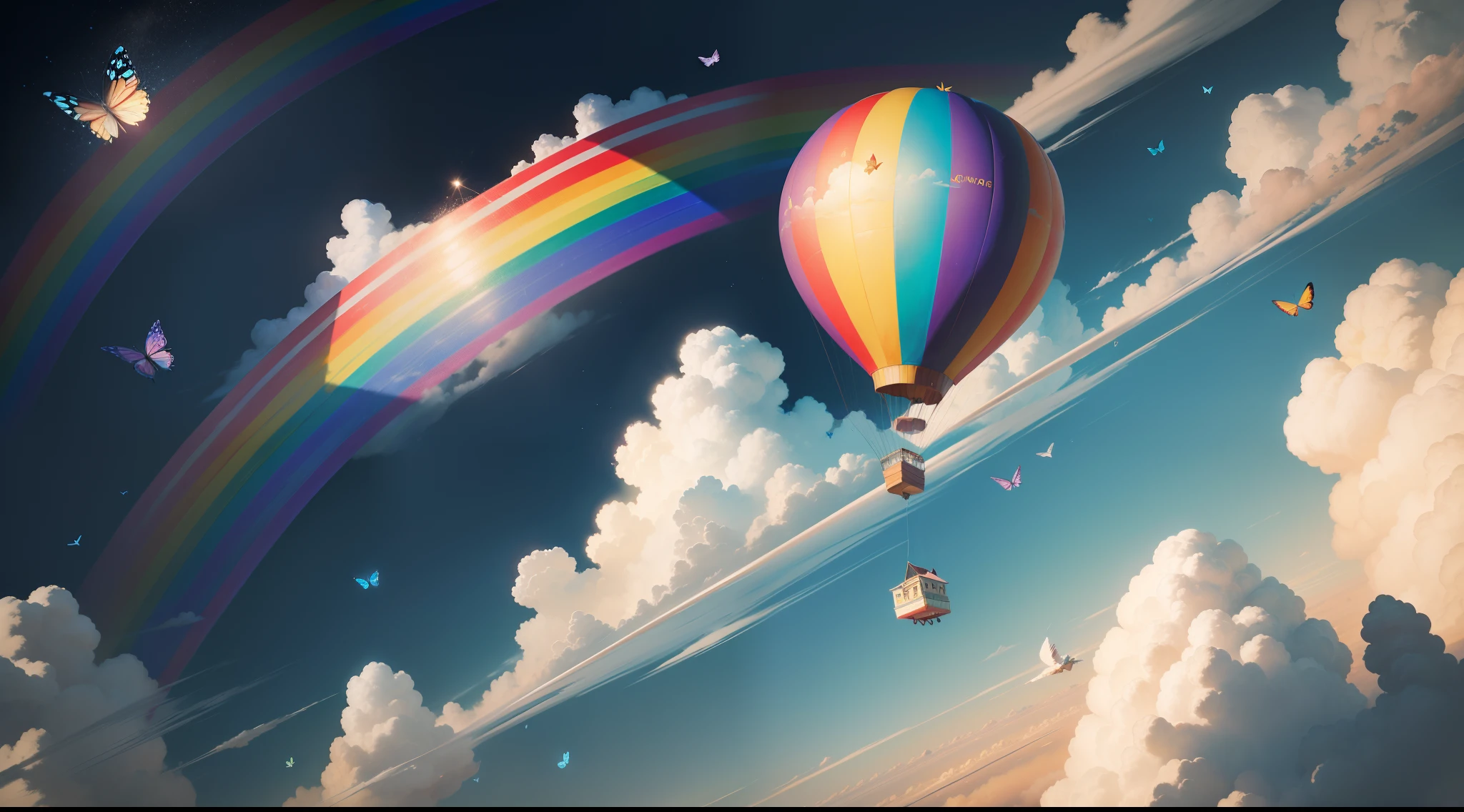 In the sky of the magic city,The flew in the sky with a huge paintbrush,Draw a huge rainbow,The sky is full of white clouds,Painted birds and butterflies flying,There is a huge brush painting a rainbow,In the distance there is a big hot air balloon pulling a dream car flying in the sky