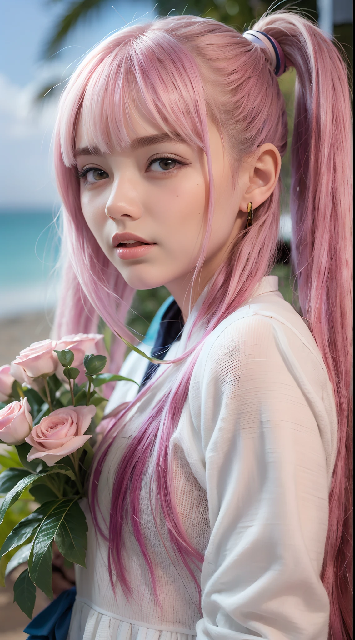 Long pink hair and double ponytail，The pupils of the eyes sparkle，Heterochromia，girl holding flowers，Petal texture depicted，sandbeach，Blue sky，baiyun，Light wind，jumpping，Carefully depicted multicolored feathers，ultra HD wallpaper，