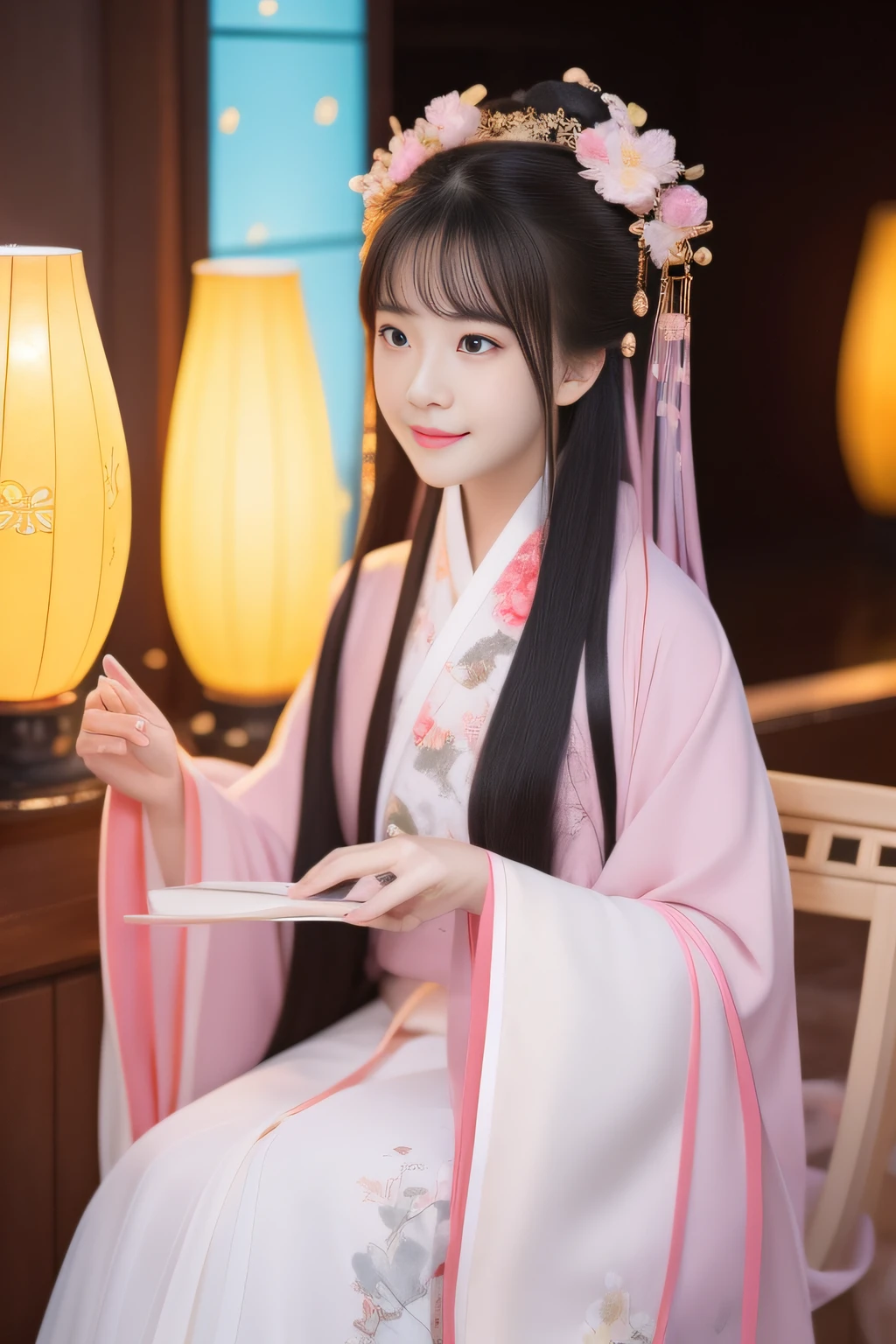 Full moon night，The Hanfu beauty sat down facing the camera，Flip the pages of books gracefully，Her delicate facial features reveal a perfect face。She has a beautiful and detailed appearance。。。。。。。。。，Wearing Hanfu，The colorful colors make it even more dazzling。She has long hair and a shawl，Show charm。It is a real photo，Show off the figure and charm of the perfect woman。be on stage，She plays solo，With a charming smile on his face，The perfect display of Hanfu's charm。