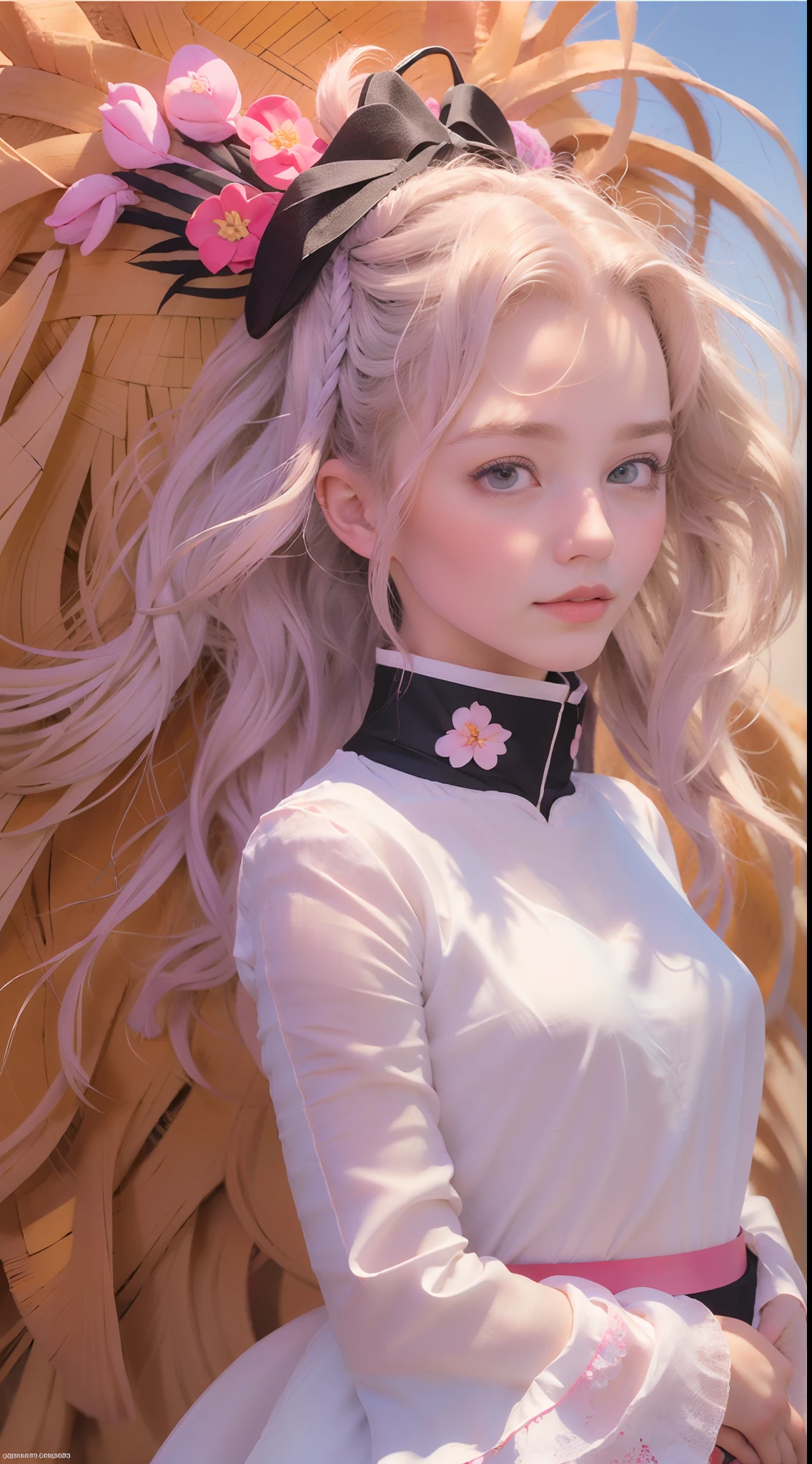 Long pink hair and double ponytail,The pupils of the eyes sparkle,Heterochromia,girl holding flowers,Petal texture depicted,sandbeach,Blue sky,baiyun,Light wind,jumpping,Carefully depicted multicolored feathers,ultra HD wallpaper,