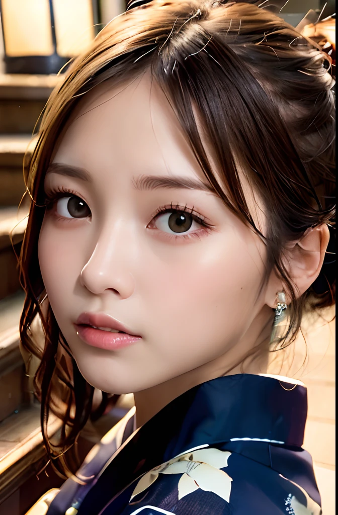 (masutepiece:1.3), High resolution, ultra-detailliert, the Extremely Detailed CG Unity 8K Wallpapers, Realistic, Photorealsitic, Raw photo, beautifull detailed face, pale skin, realistic glistening skin, Detailed Cloth Texture, detailed hair texture, Perfect body, Beautiful face, acurate, Anatomically correct, Highly detailed face and skin texture, Natural neck length, (Beautiful hands), (Fair skin:1.2), thin legs, Thin feet, (Aligned teeth:1.1), Sweaty skin, 
BREAK, 
Detailed eyes, symmetrical eye, Light brown eyes, Thin eyebrows, (Glossy lips:1.4), (Lonely face:1.1), (blush:1.2), (Small hair accessories that sparkle:1.1), 
BREAK, 
(classy girl:1.3), (Wearing (navy blue yukata:1.2) With a white floral pattern), 
BREAK, 
((Close Up Shot:1.2)), 
medium breasts, Slender figure, Firm abs, 
((up do hairstyle, Dark blonde hair, Wavy Hair, Long hair:1.1)), ((asymmetric bangs:1.2)), 
BREAK, 
((Stand on the stairs with your chin gently lifted:1.3)), ((In the night sky behind the riverside terrace、Countless colorful fireworks are being launched:1.1)),