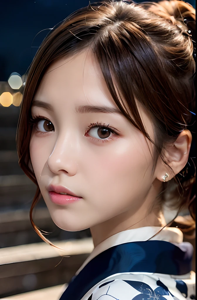 (masutepiece:1.3), High resolution, ultra-detailliert, the Extremely Detailed CG Unity 8K Wallpapers, Realistic, Photorealsitic, Raw photo, beautifull detailed face, pale skin, realistic glistening skin, Detailed Cloth Texture, detailed hair texture, Perfect body, Beautiful face, acurate, Anatomically correct, Highly detailed face and skin texture, Natural neck length, (Beautiful hands), (Fair skin:1.2), thin legs, Thin feet, (Aligned teeth:1.1), Sweaty skin,
BREAK,
Detailed eyes, symmetrical eye, Light brown eyes, Thin eyebrows, (Glossy lips:1.4), (Lonely face:1.1), (blush:1.2), (Small hair accessories that sparkle:1.1),
BREAK,
(classy girl:1.3), (Wearing (navy blue yukata:1.2) With a white floral pattern),
BREAK,
((Close Up Shot:1.2)),
medium breasts, Slender figure, Firm abs,
((up do hairstyle, Dark blonde hair, Wavy Hair, Long hair:1.1)), ((asymmetric bangs:1.2)),
BREAK,
((Stand on the stairs with your chin gently lifted:1.3)), ((In the night sky behind the riverside terrace、Countless colorful fireworks are being launched:1.1)),