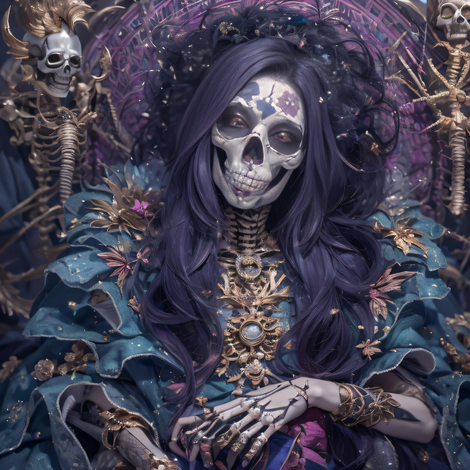 <lora:add-detail-xl:0.8> woman wears a dress with skeletons behind her, in the style of jessica drossin, disturbingly whimsical, pastel-colored scenes, uhd image, tim burton, bruno walpoth, afro-caribbean influence, cinematic quality, cinematic lighting, 128k, 1080p, hyper realistic details, Canon EOS 1200p, neon, black light, DSLR, maxim  <lora:Aether_Glitch_v1_LoRA (1):1> <lora:pasteldark:1> <lora:Next_Fashion:1>  <lora:bigeyes-xl-v1:0.1> big eyes, anime eyes