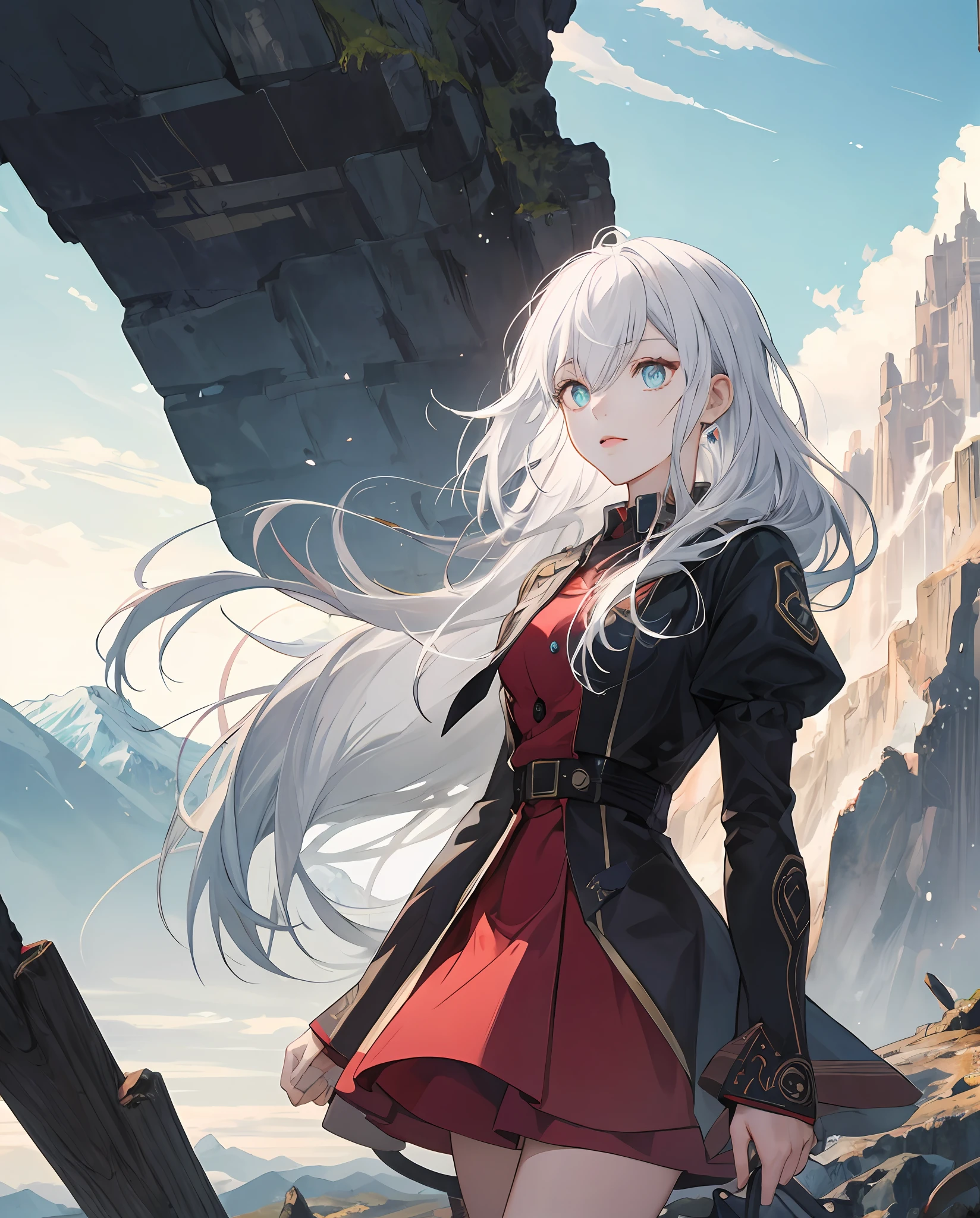 A high resolution,the detail,A girl(Anime style),Colorful white hair,Eyes full of details,Stand in front of towering peaks