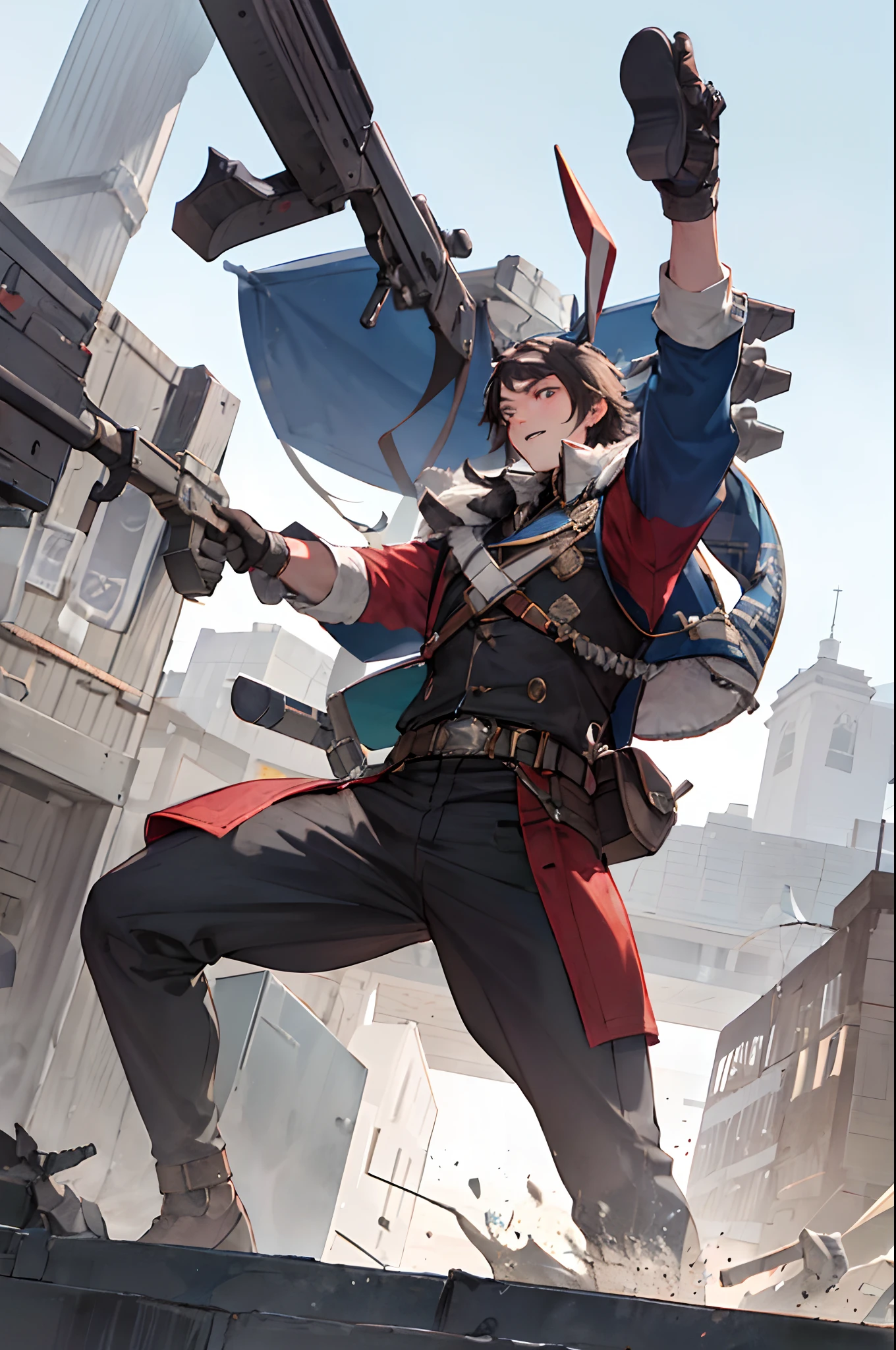 Battle rack soars through the sky,A man is waiting on land,photorealestic