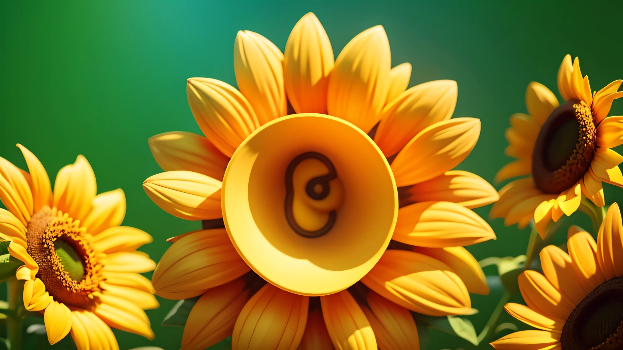 Vibrant sunflower with a stunning 3D effect, set against a lush green hill background
